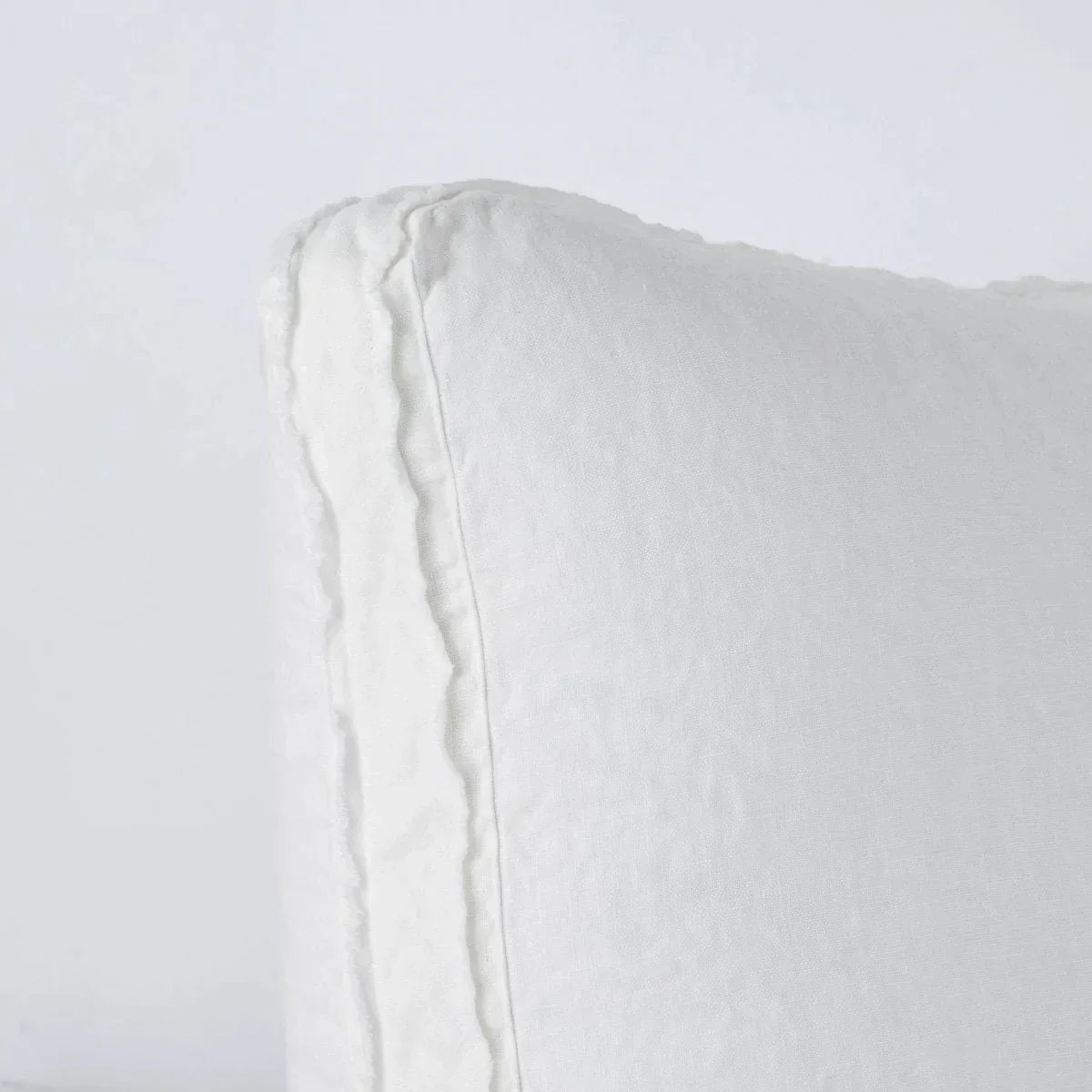 Winter White: Close-up angle of the corner of an Austin sham, highlighting the raw edge trim on either side of the gusset.
