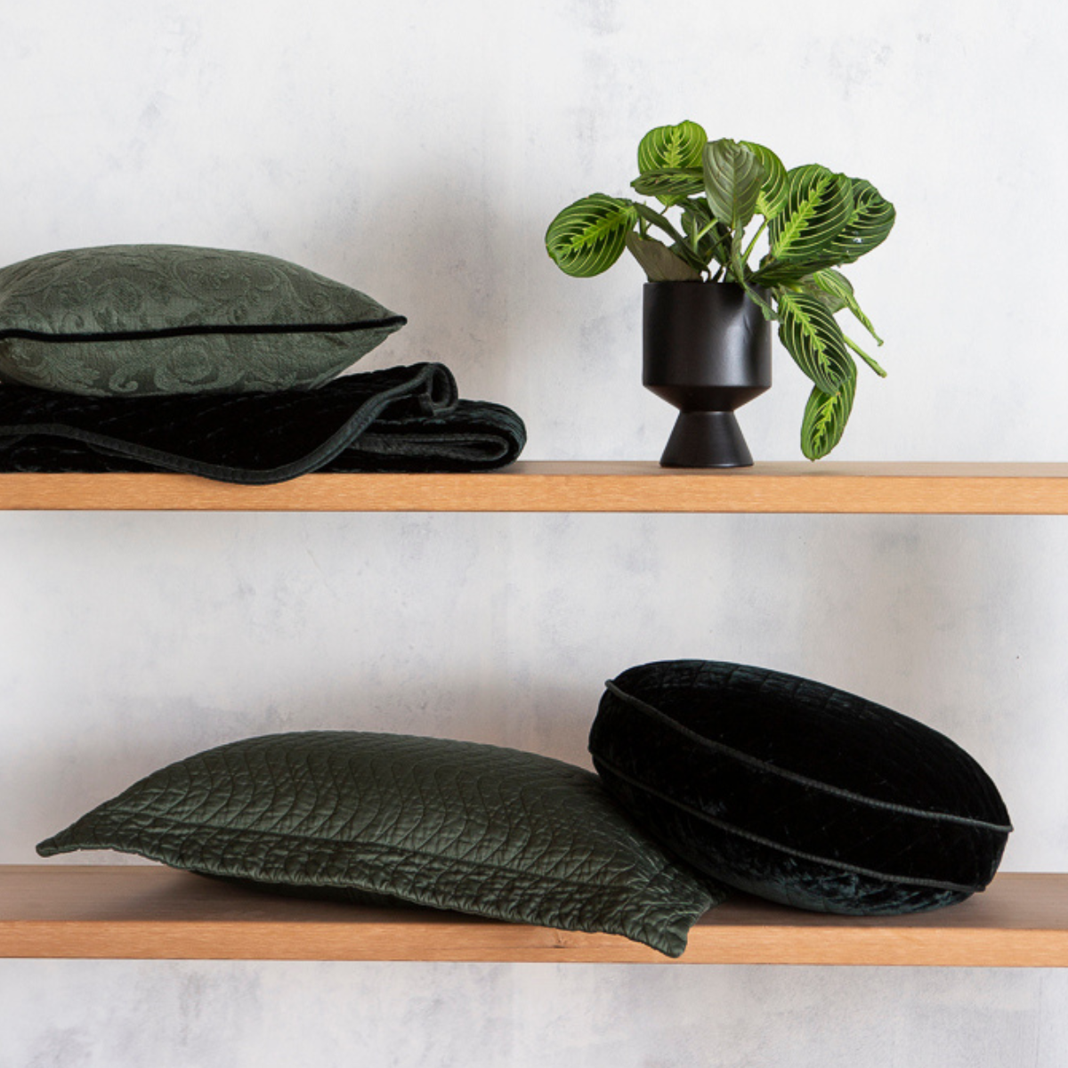 Juniper: quilted throw pillows on the second shelf shown with other living pieces also in Juniper with a live plant.