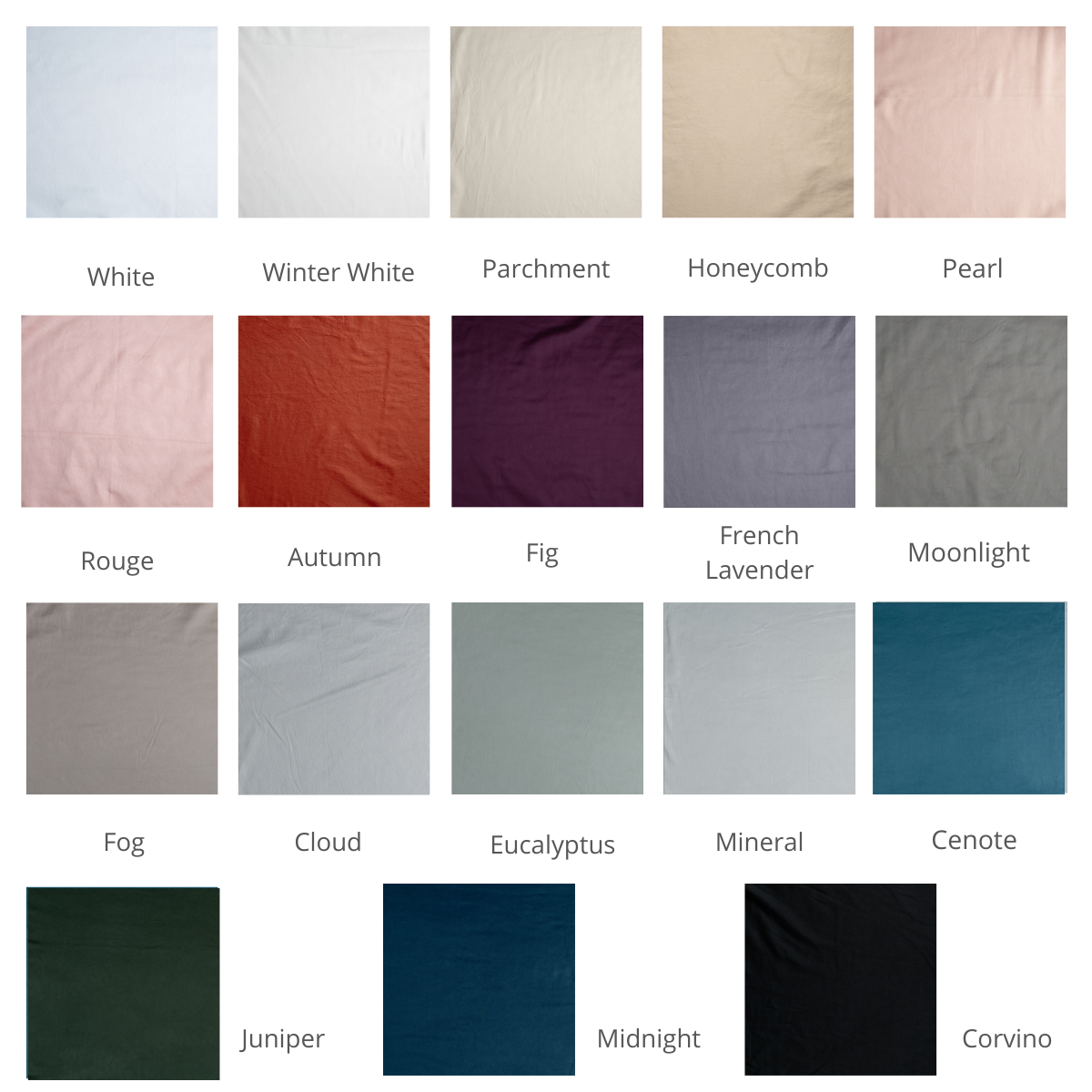 : A close up of cotton sateen fabric, shown in our Fall 2024 colorway, in a grid format to demonstrate our palette.