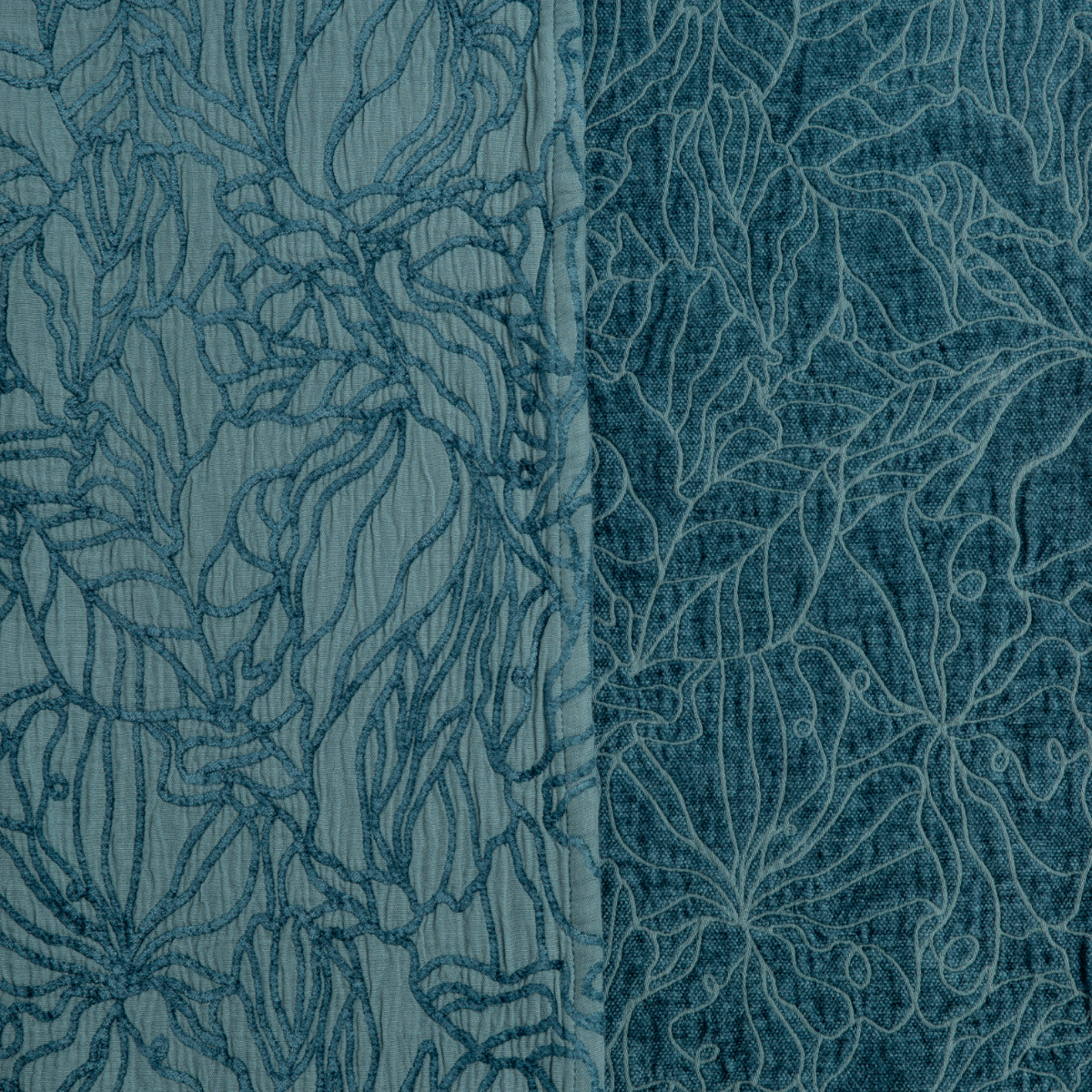 Cenote: georgia fabric shown with the cotton jacquard side on the left and chenille jacquard side on the right in cenote, a vibrant, ocean-inspired blue-green.