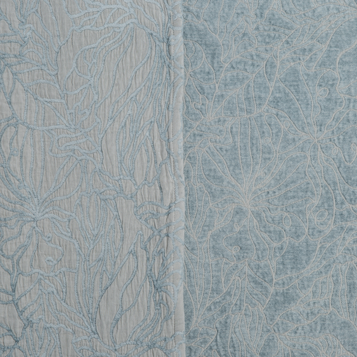 Cloud: georgia fabric shown with the cotton jacquard side on the left and chenille jacquard side on the right in cloud, a soft, subtle sky blue-grey