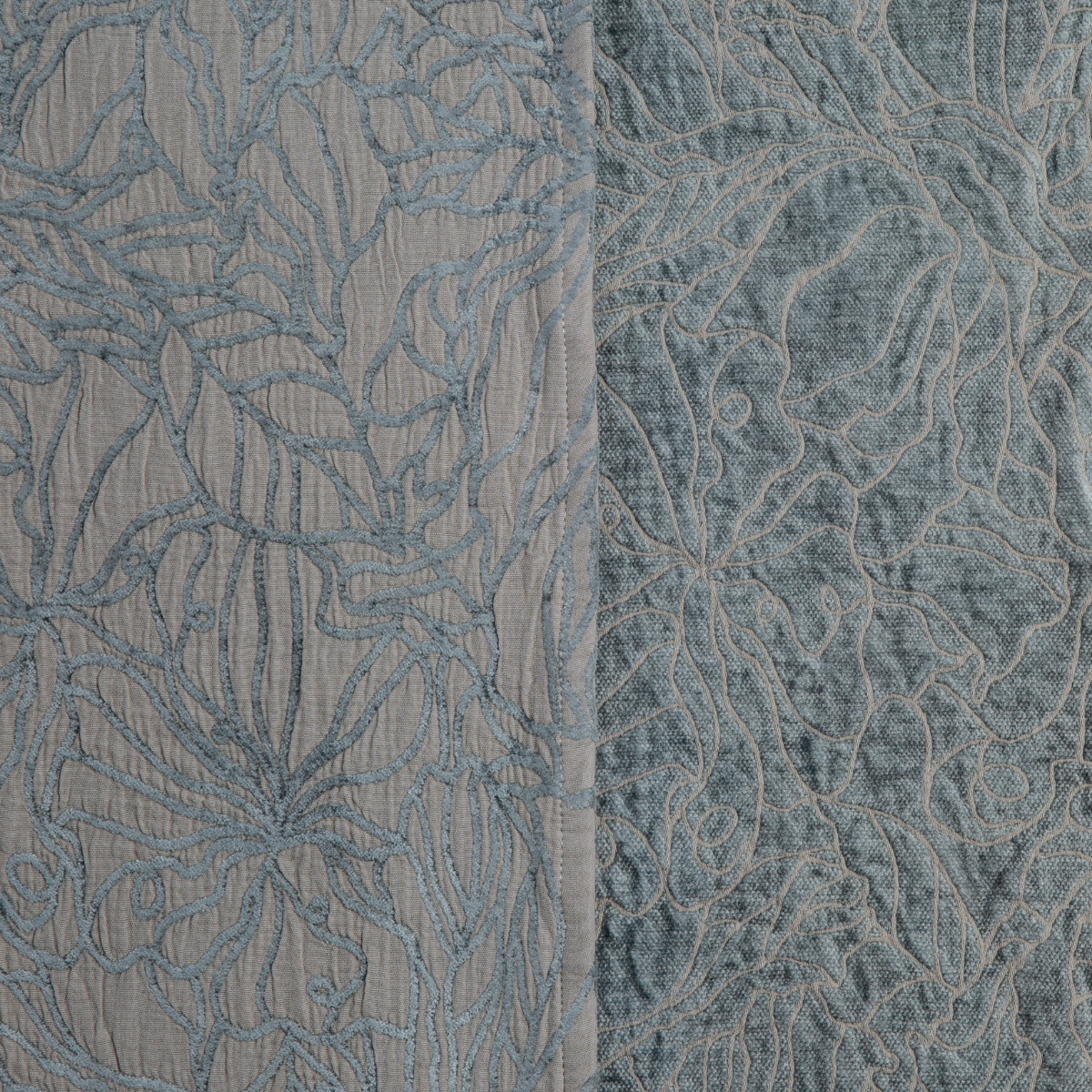 Fog: georgia fabric shown with the cotton jacquard side on the left and chenille jacquard side on the right in fog, a neutral-warm, soft mid-tone grey.