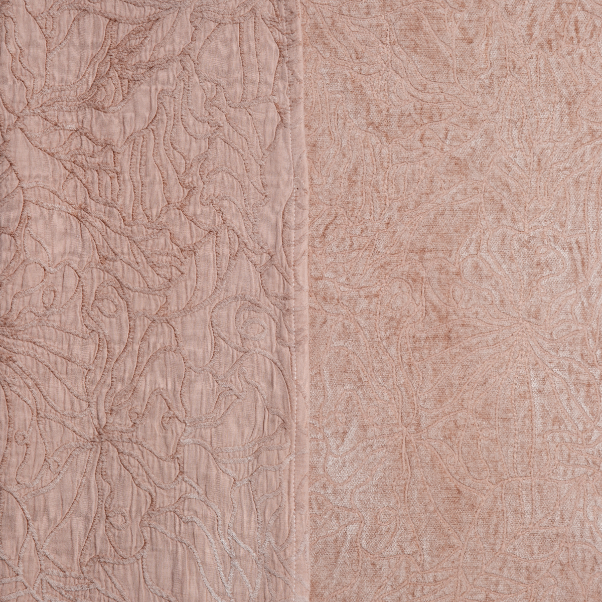 Rouge: georgia fabric shown with the cotton jacquard side on the left and chenille jacquard side on the right in rouge, a mid-tone blush pink