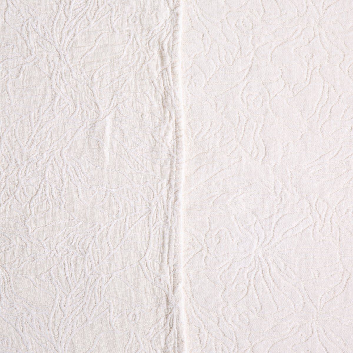 Winter White: georgia fabric shown with the cotton jacquard side on the left and chenille jacquard side on the right in winter white, a soft and warm tone.