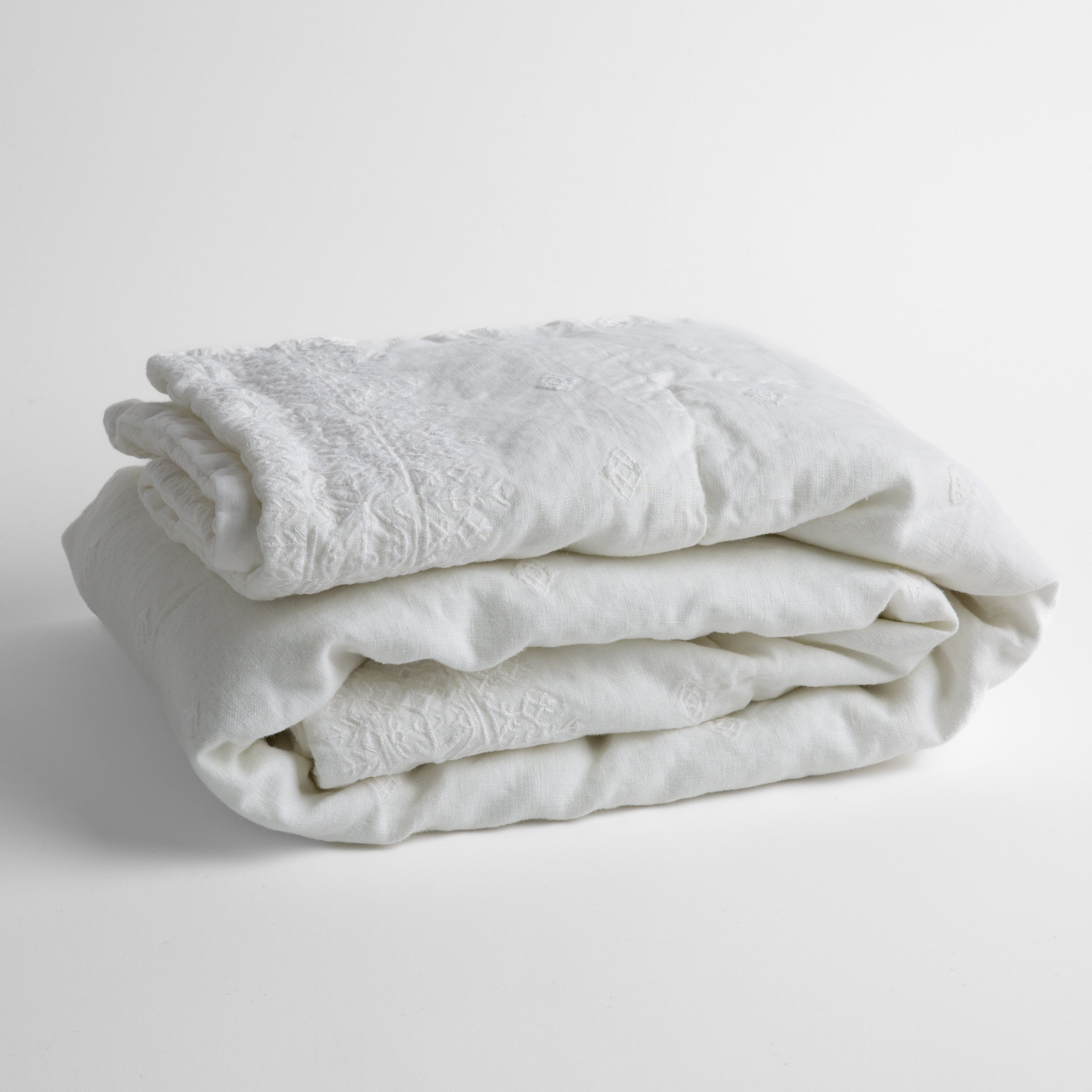White: embroidered linen baby blanket folded and shown overhead from a slight angle against a white background.