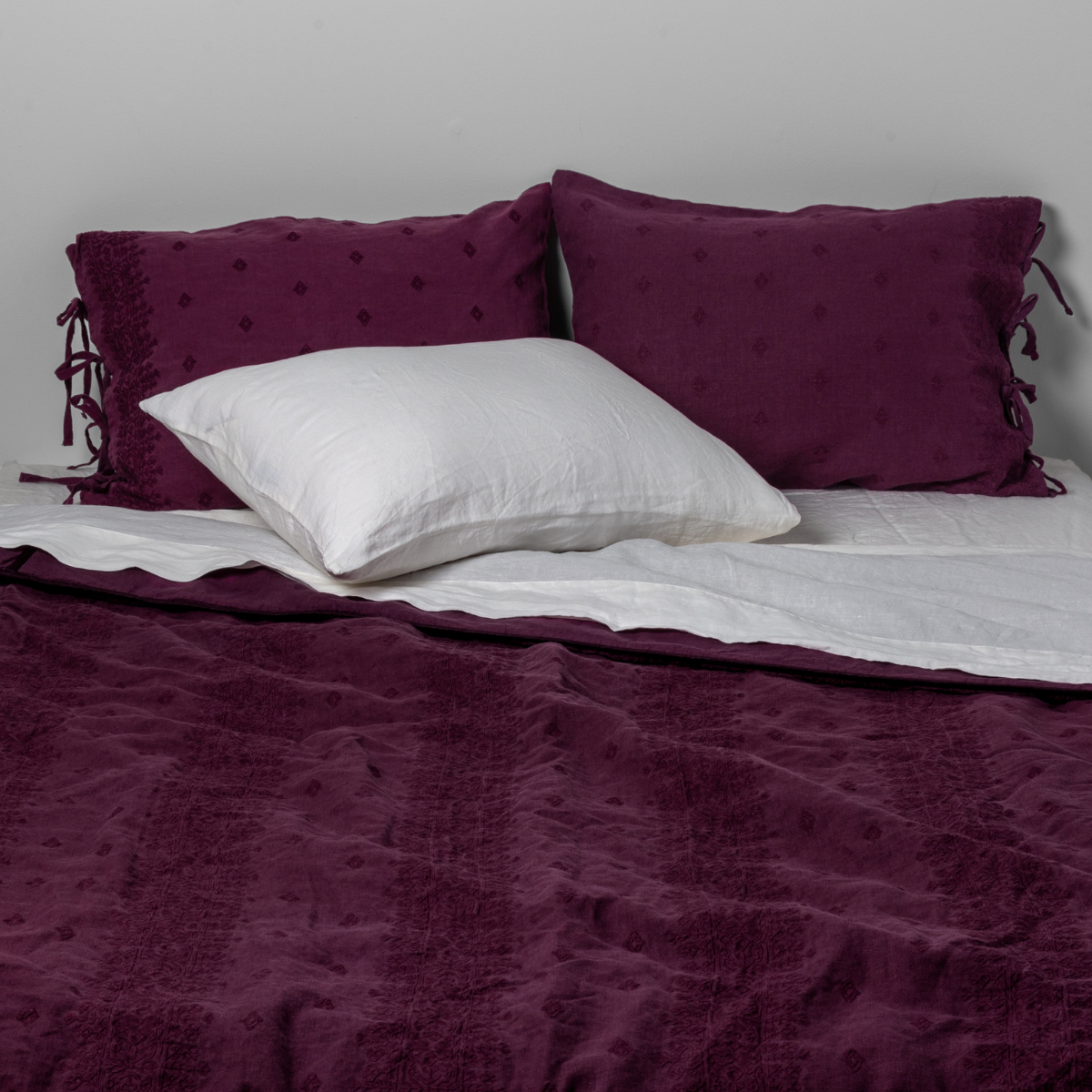 Fig: Bedspread with matching shams on a bed with white sheets and sleeping pillows. Shot from the end of bed view, the flat sheet is pulled back over the top of the bedspread.