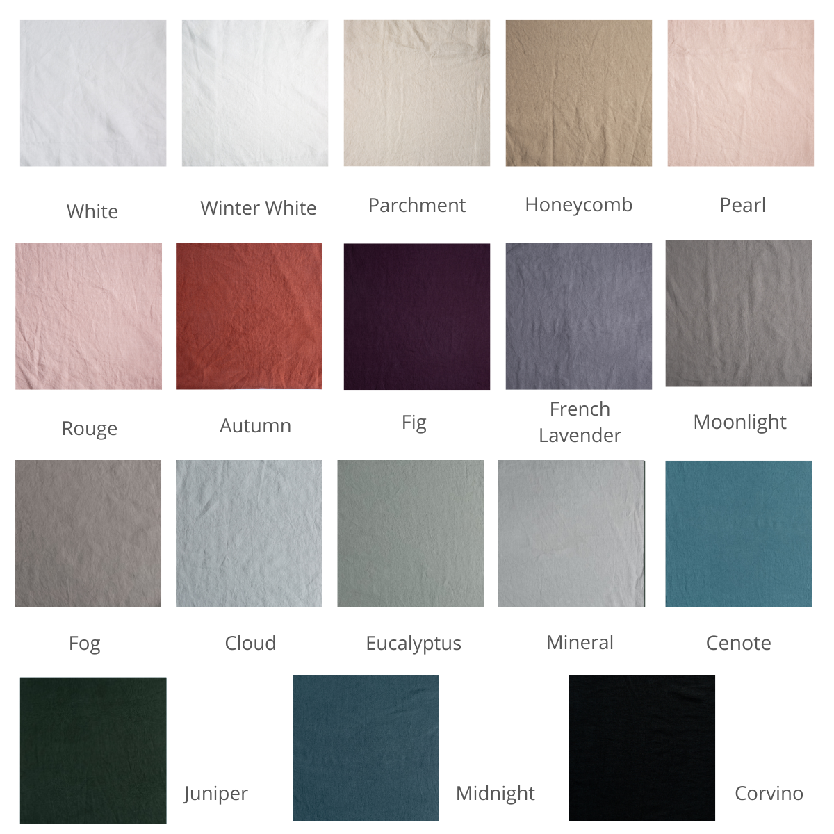 : A close up of linen in shown in each of our Fall 2024 colorways, in a grid format to demonstrate our palette.