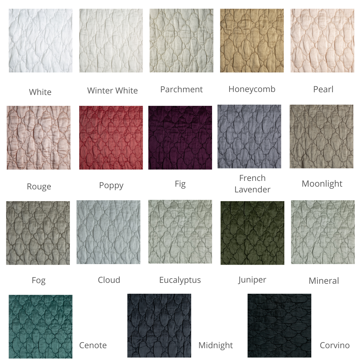 : a grid of quilted charmeuse in available colorways.