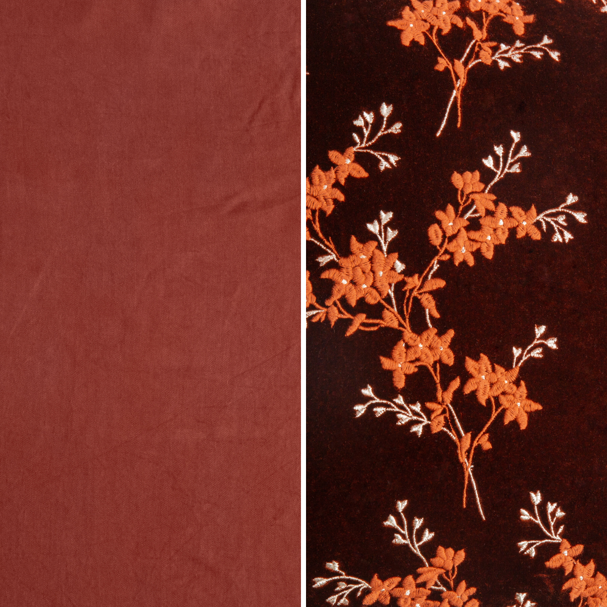 Autumn: an image of tencel and embroidered silk velvet side-by-side in autumn, a rich terracotta tone.