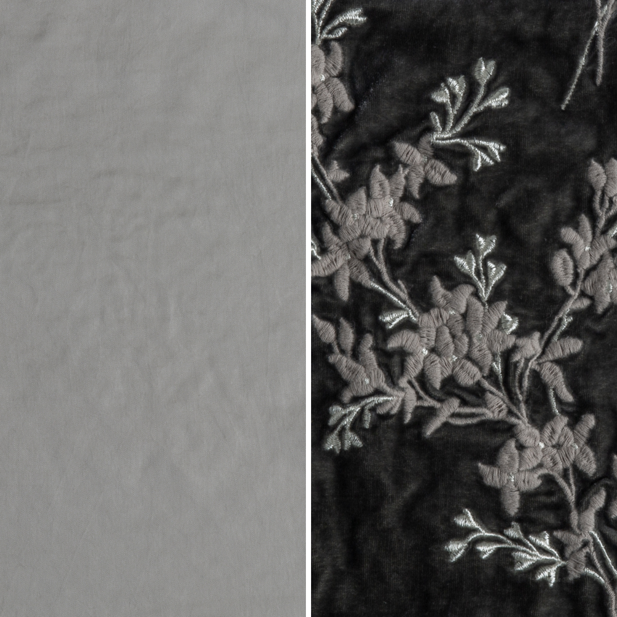 Fog: an image of tencel and embroidered silk velvet side-by-side in fog, a warm grey.