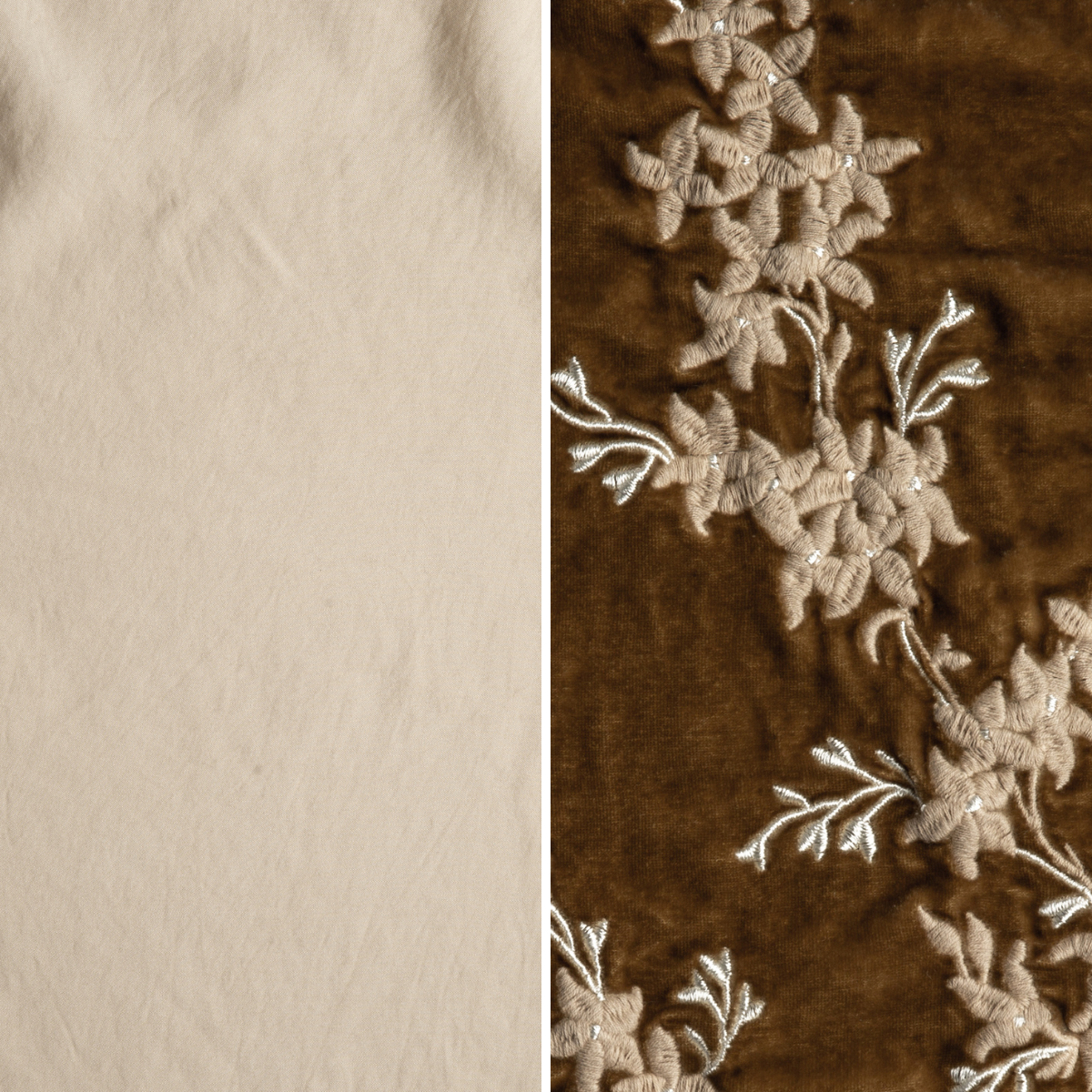 Honeycomb: an image of tencel and embroidered silk velvet side-by-side in honeycomb, a warm golden hue.