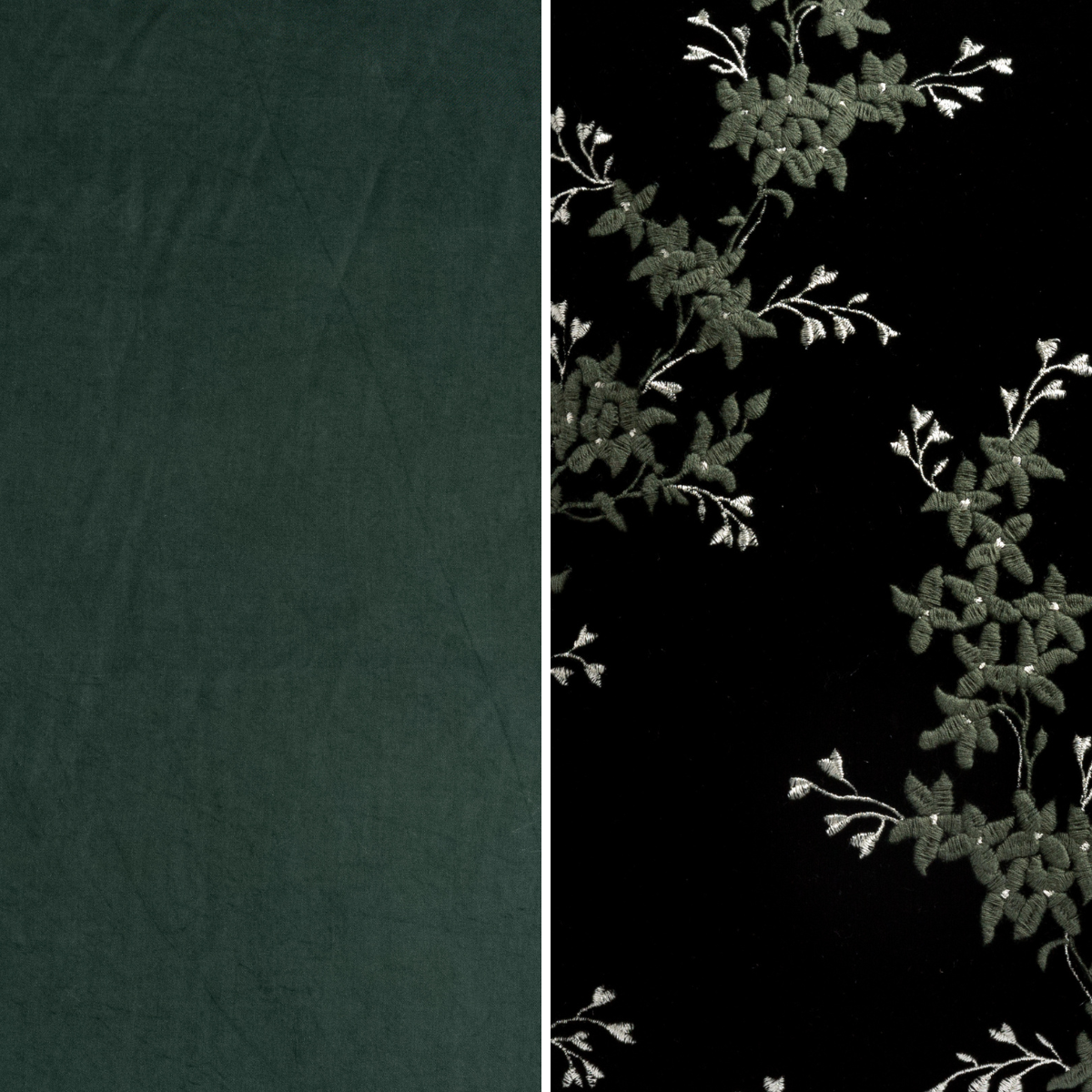 Juniper: an image of tencel and embroidered silk velvet side-by-side in juniper, a rich green hue.