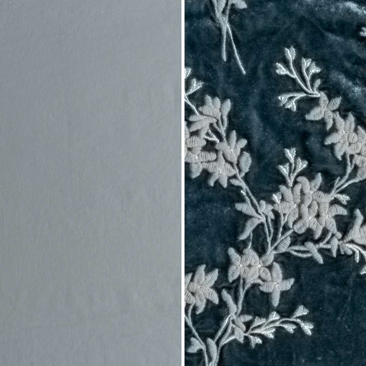 Mineral: an image of tencel and embroidered silk velvet side-by-side in mineral, a blue-ish tone.