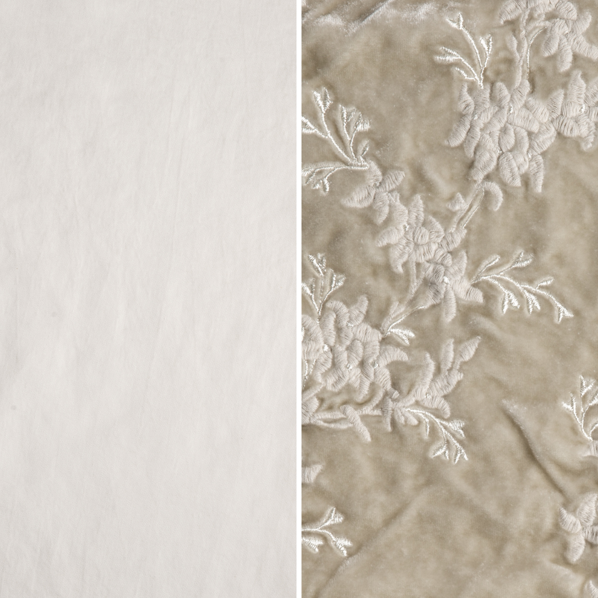Parchment: an image of tencel and embroidered silk velvet side-by-side in parchment, a warm neutral.