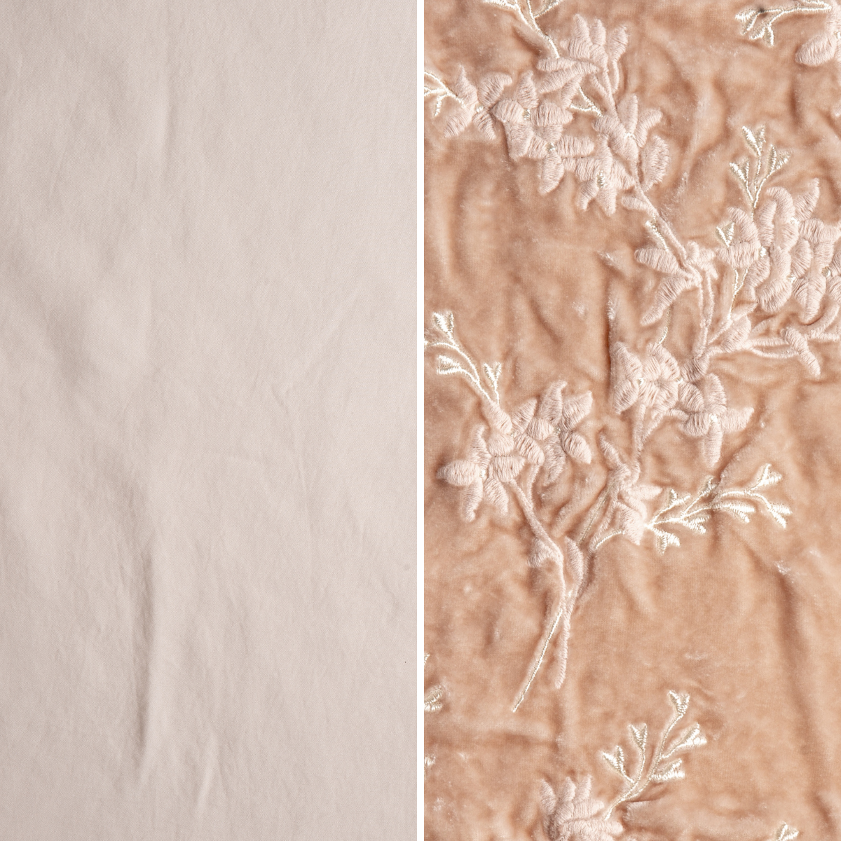 Pearl: an image of tencel and embroidered silk velvet side-by-side in pearl, a neutral pink tone.