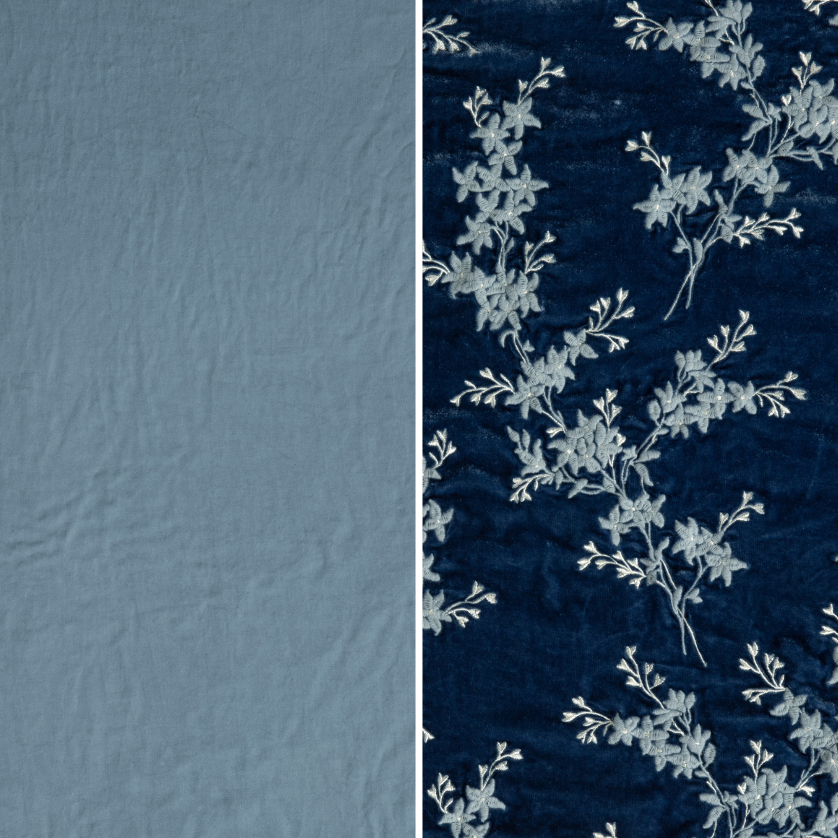 Tahoe Blue: an image of tencel and embroidered silk velvet side-by-side in tahoe blue, a true blue - like a clear sky.