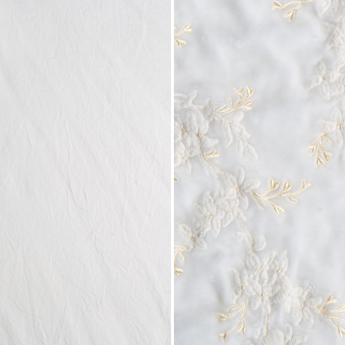 White: an image of tencel and embroidered silk velvet side-by-side in white.