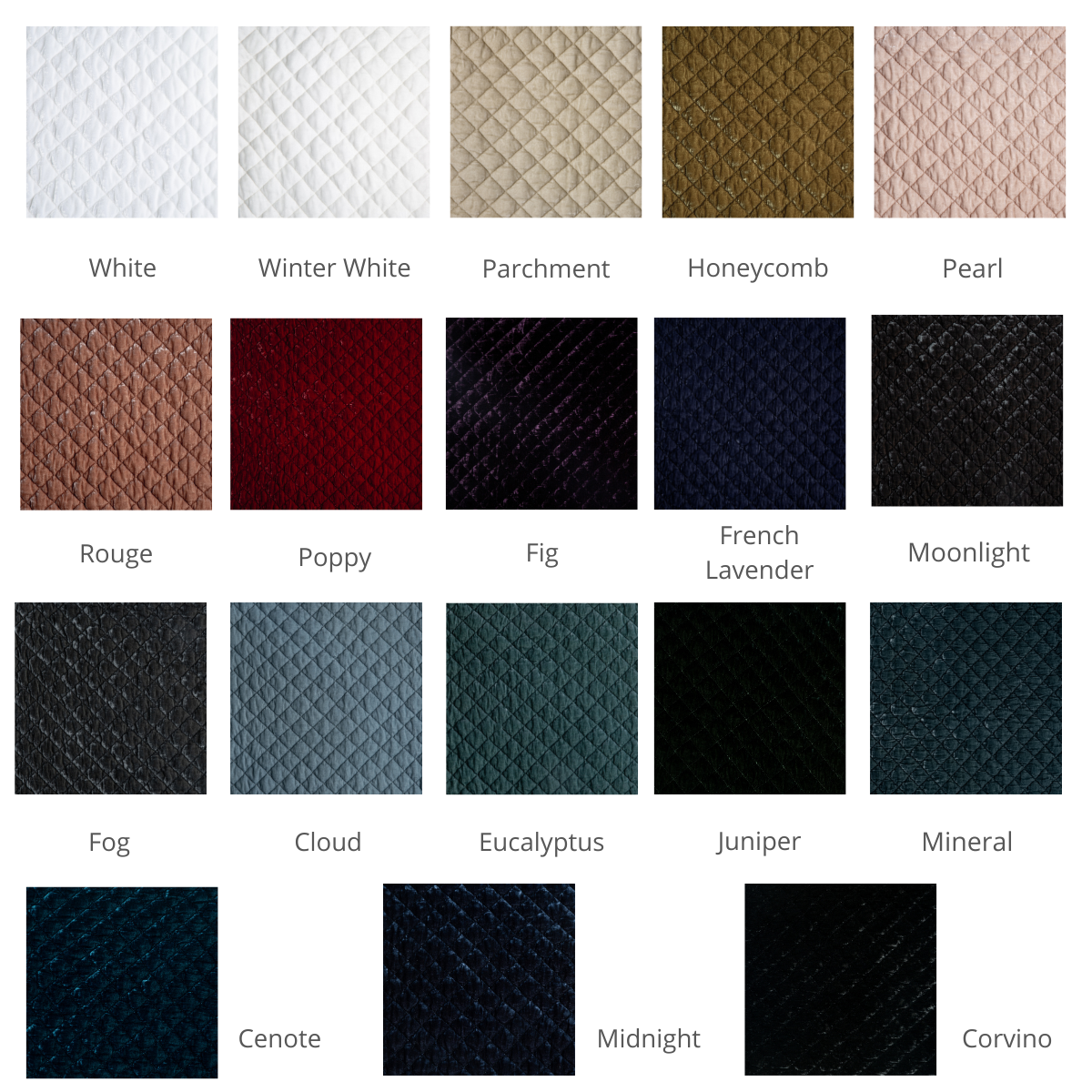 : a grid of quilted silk velvet in available colorways.
