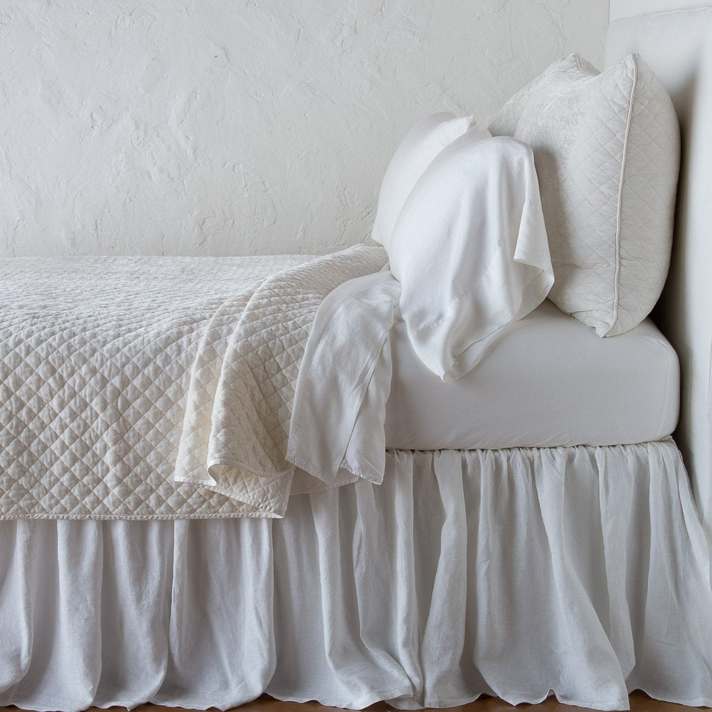 Winter White: coverlet with matching shams and white sheeting - side view.