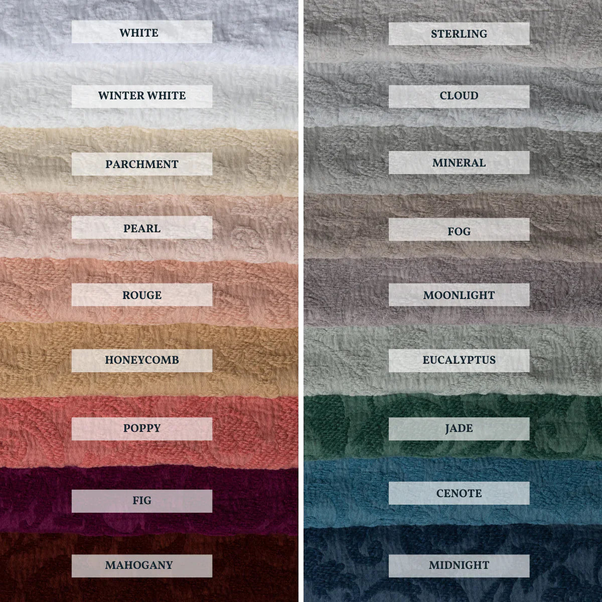 : A close up of Adele fabric, shown in each of our 18 colorways, stacked to demonstrate our palette.