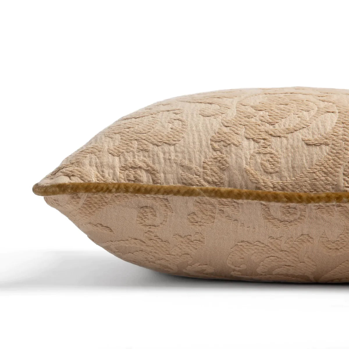 Honeycomb: Organic cotton damask square pillow with silk velvet trim on white background β side angle.
