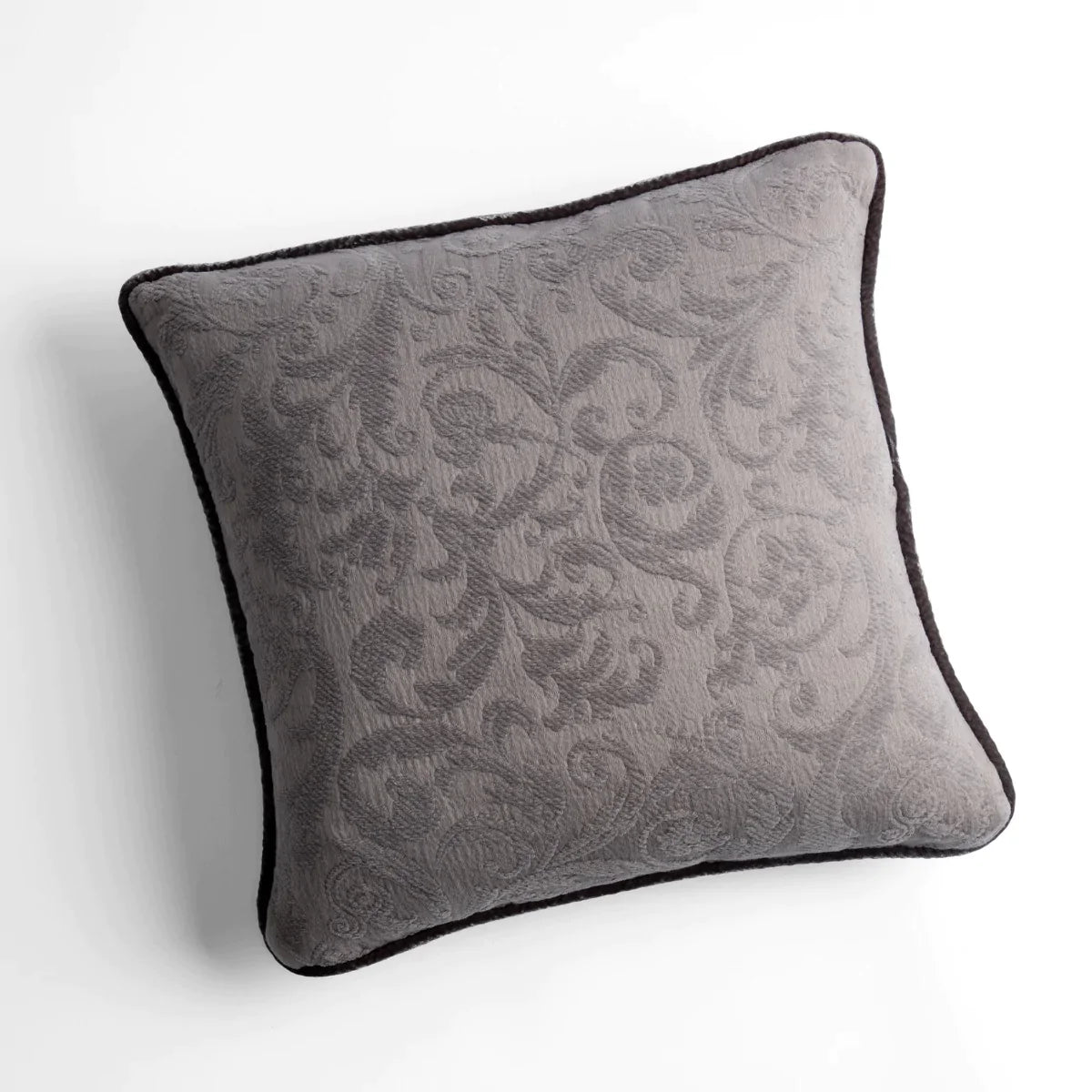 Moonlight: Organic cotton damask square pillow with silk velvet trim on white background β overhead angle.
