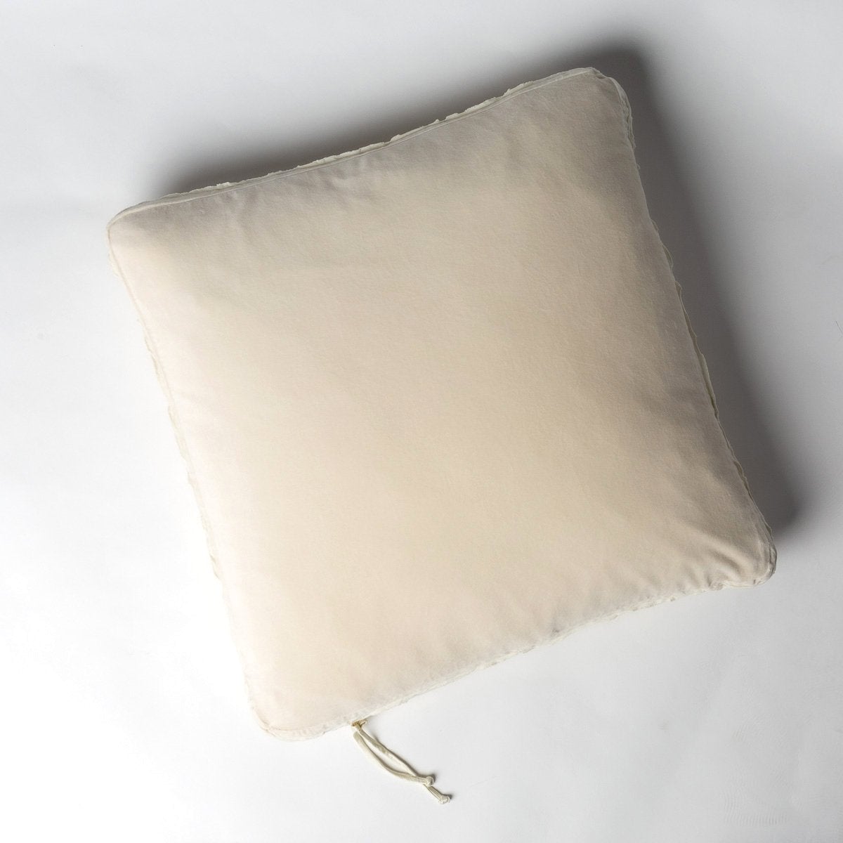 Parchment: Cotton velvet 24 by 24 pillow on a plain background - overhead view.