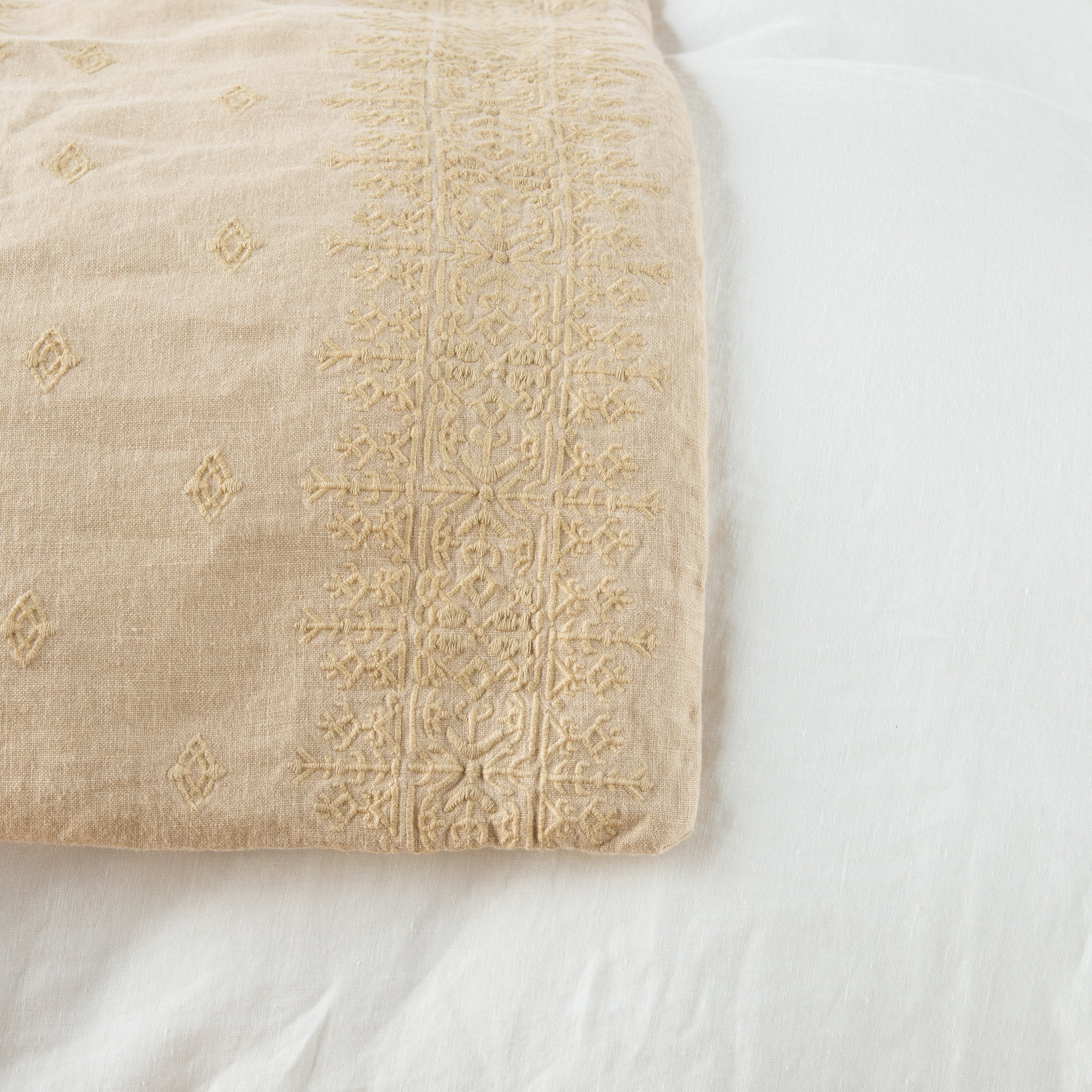 Honeycomb: Close-up of corner against a white background, showcasing embroidery pattern detail - overhead view.