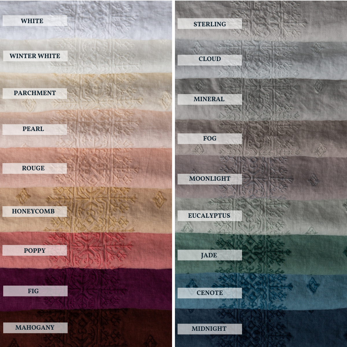 : A close up of Ines, midweight linen with cotton embroidery, in shown in each of our 18 colorways, stacked to demonstrate our palette.