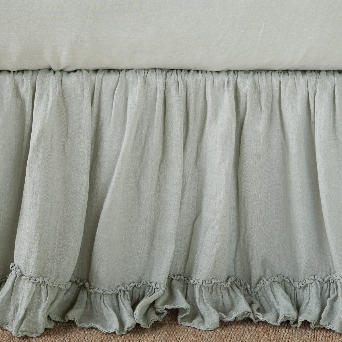 Eucalyptus: Close up of bed skirt, showcasing ruffle detail - side view.