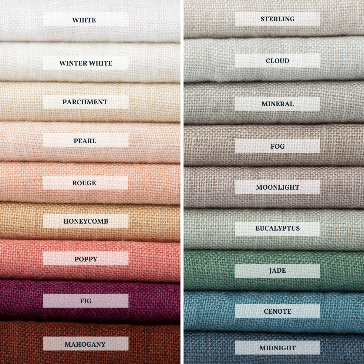 : A close up of linen whisper, our lightweight linen gauze, shown in each of our 18 colorways, stacked to demonstrate our palette.