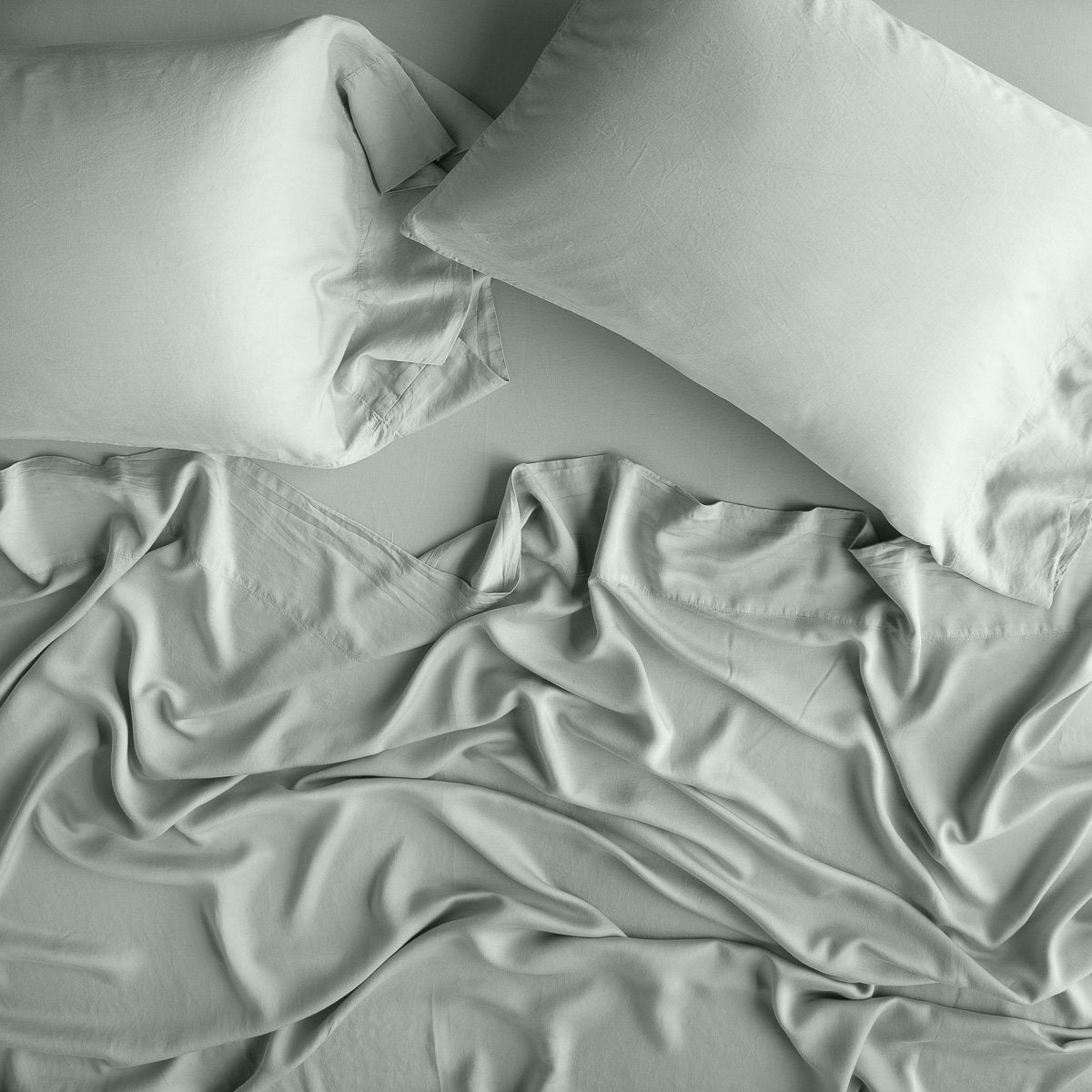 Eucalyptus: sleeping pillows laid flat over rumpled matching sheeting - overhead view.