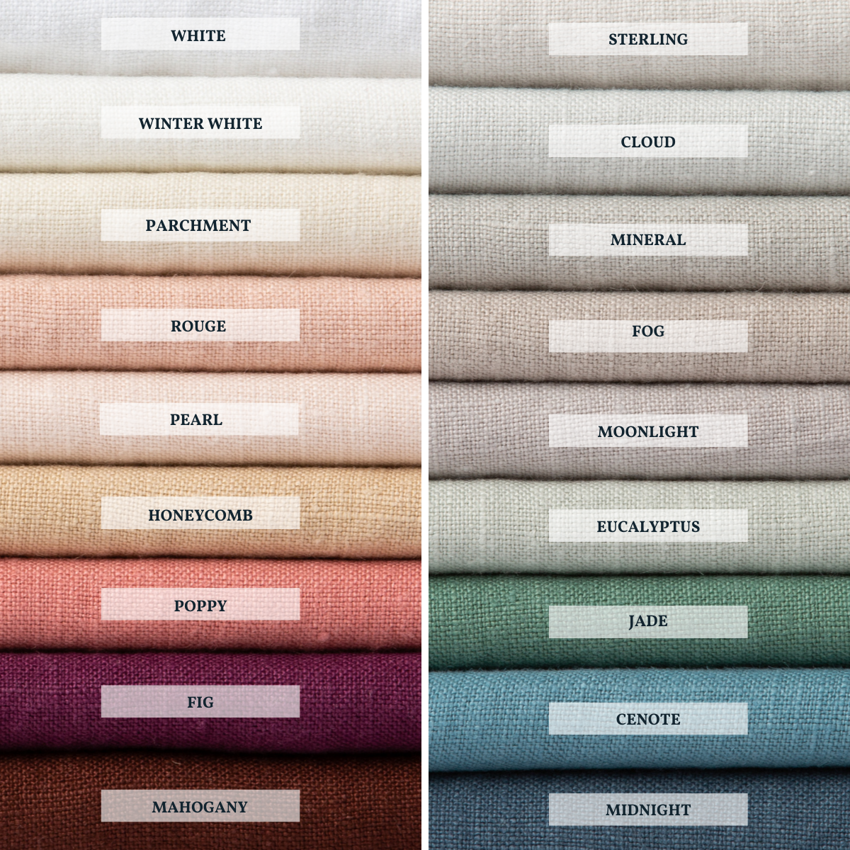 : A close up of midweight linen, shown in each of our 18 colorways, stacked to demonstrate our palette.