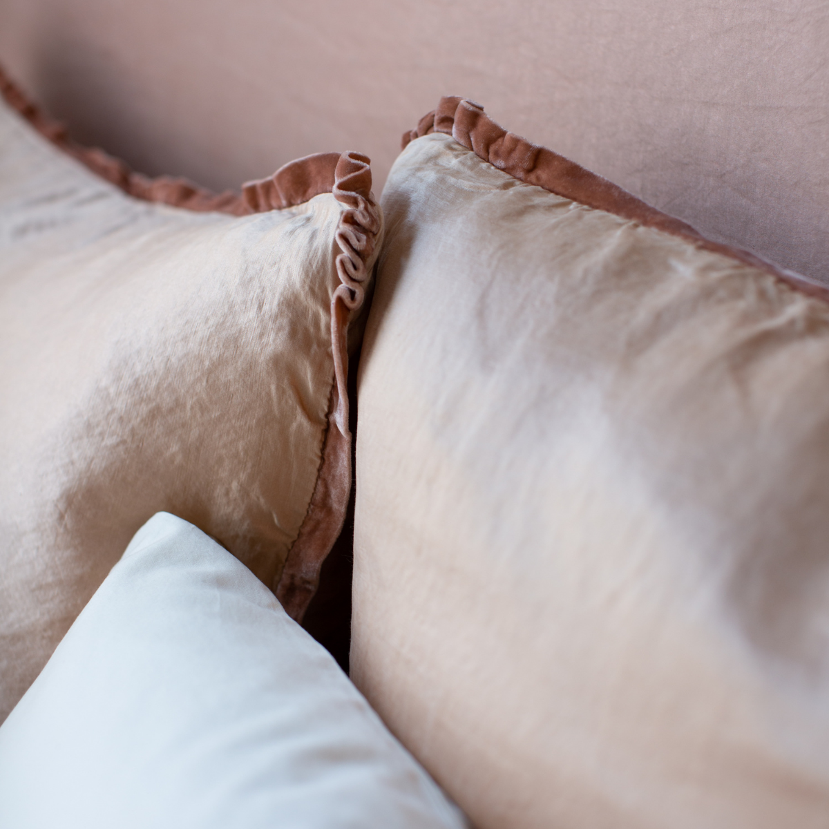 : Close-up of Paloma shams in pearl, highlighting rich silk velvet trim on smooth silk charmeuse.