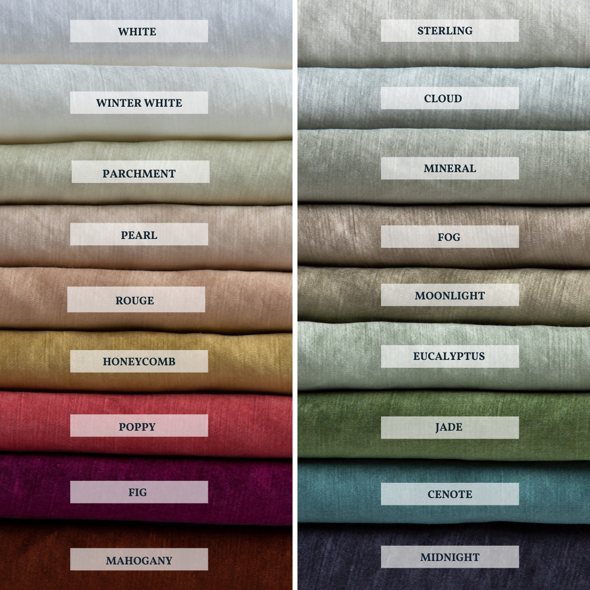 : Close-up of silk charmeuse, shown in each of our 18 colorways, stacked to demonstrate our palette.