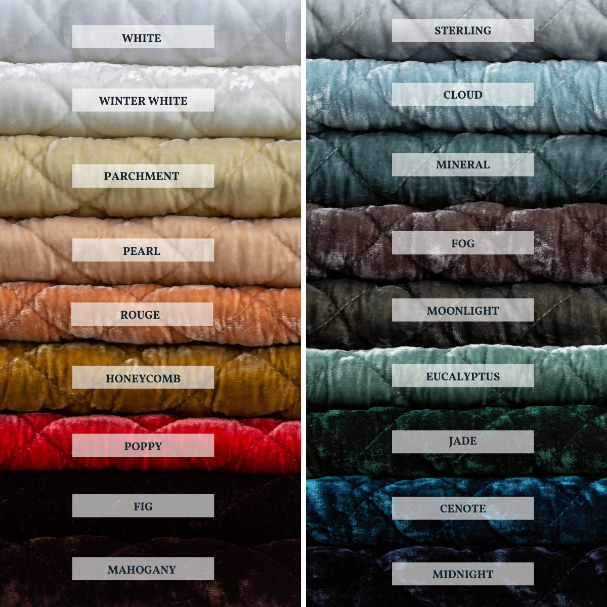 : Close-up of quilted silk velvet, shown in each of our 18 colorways, stacked to demonstrate our palette.