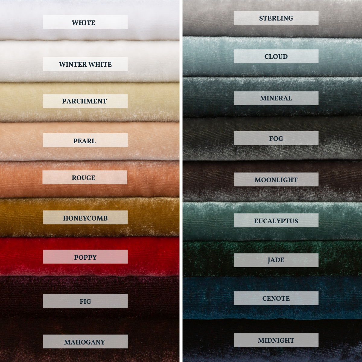 : A close up of silk velvet, shown in each of our 18 colorways, stacked to demonstrate our palette.