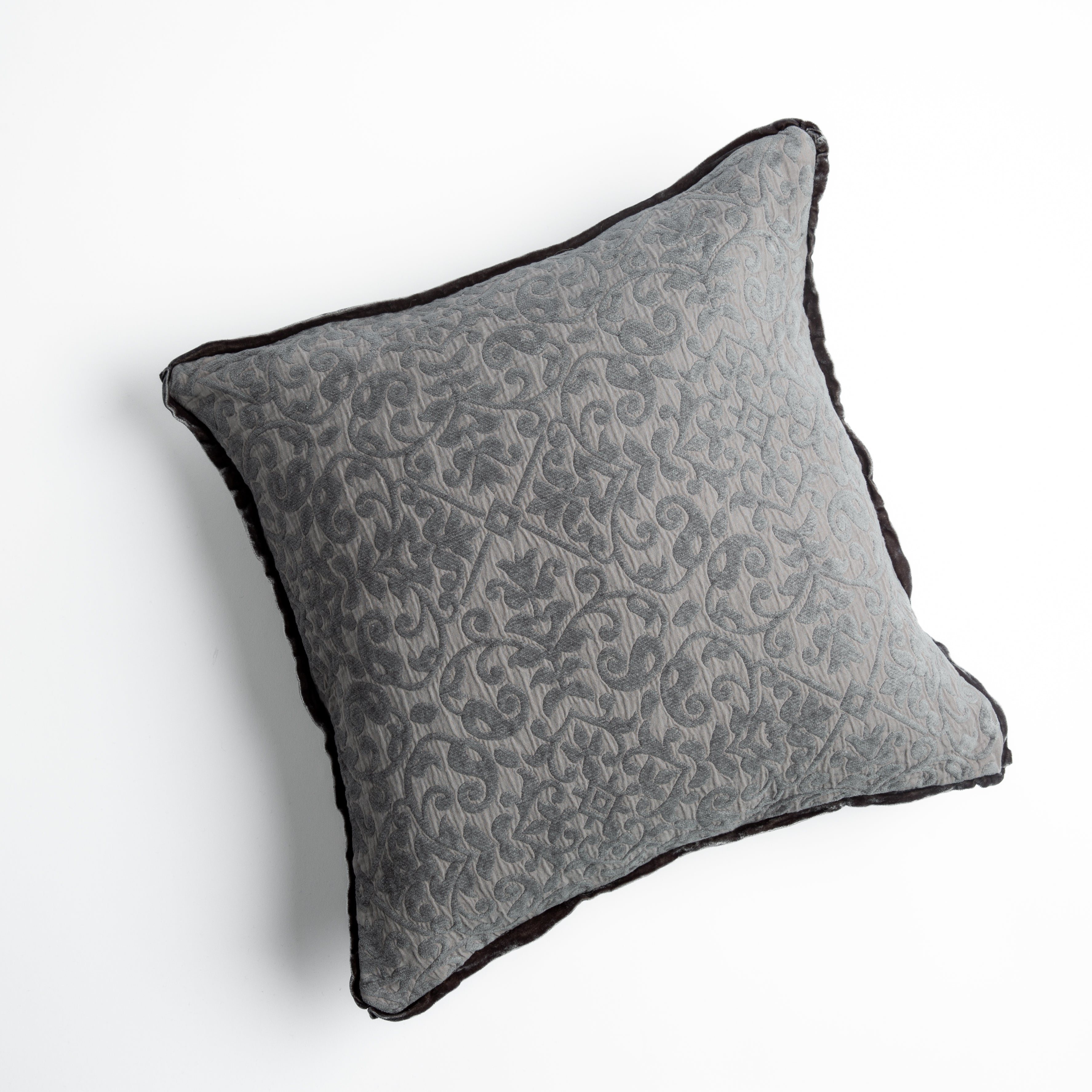 Moonlight: cotton chenille jacquard 18x18 pillow shown from overhead to display the pillow's face and silk velvet trim β overhead against a white background.
