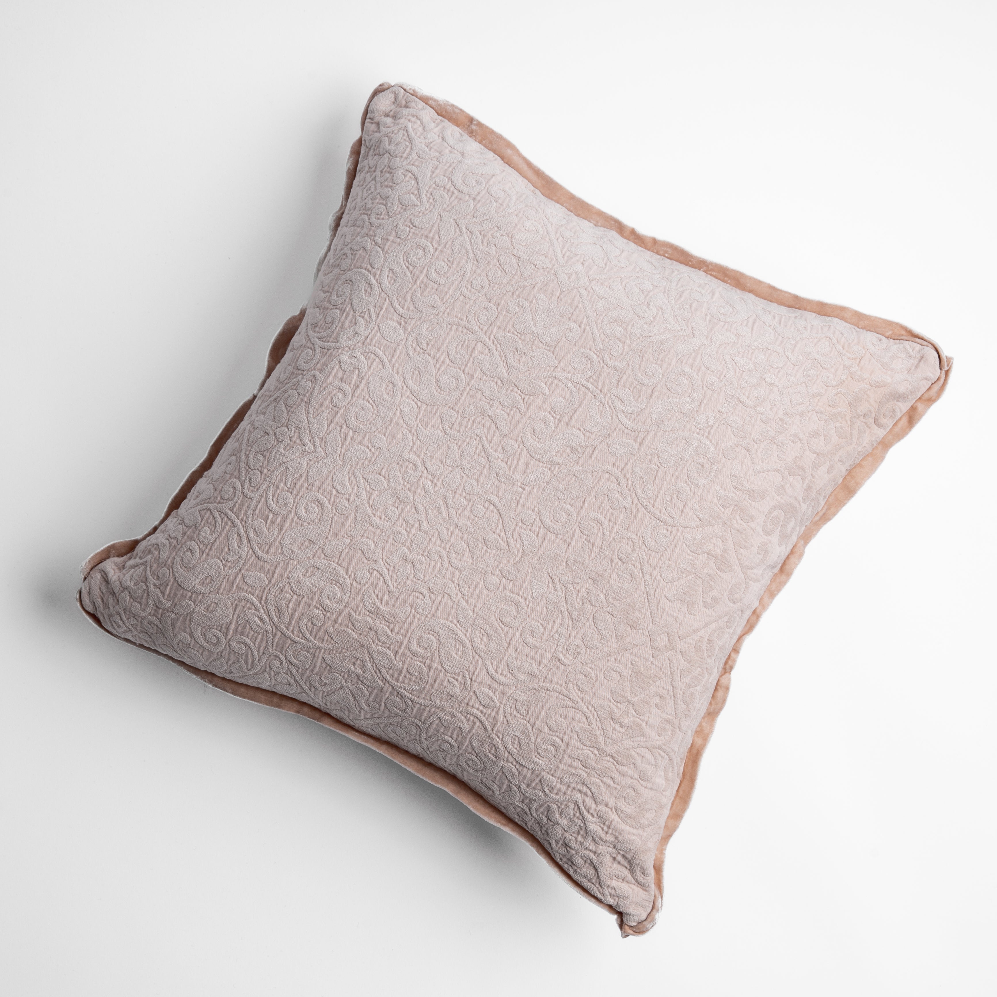 Pearl: cotton chenille jacquard 18x18 pillow shown from overhead to display the pillow's face and silk velvet trim β overhead against a white background.