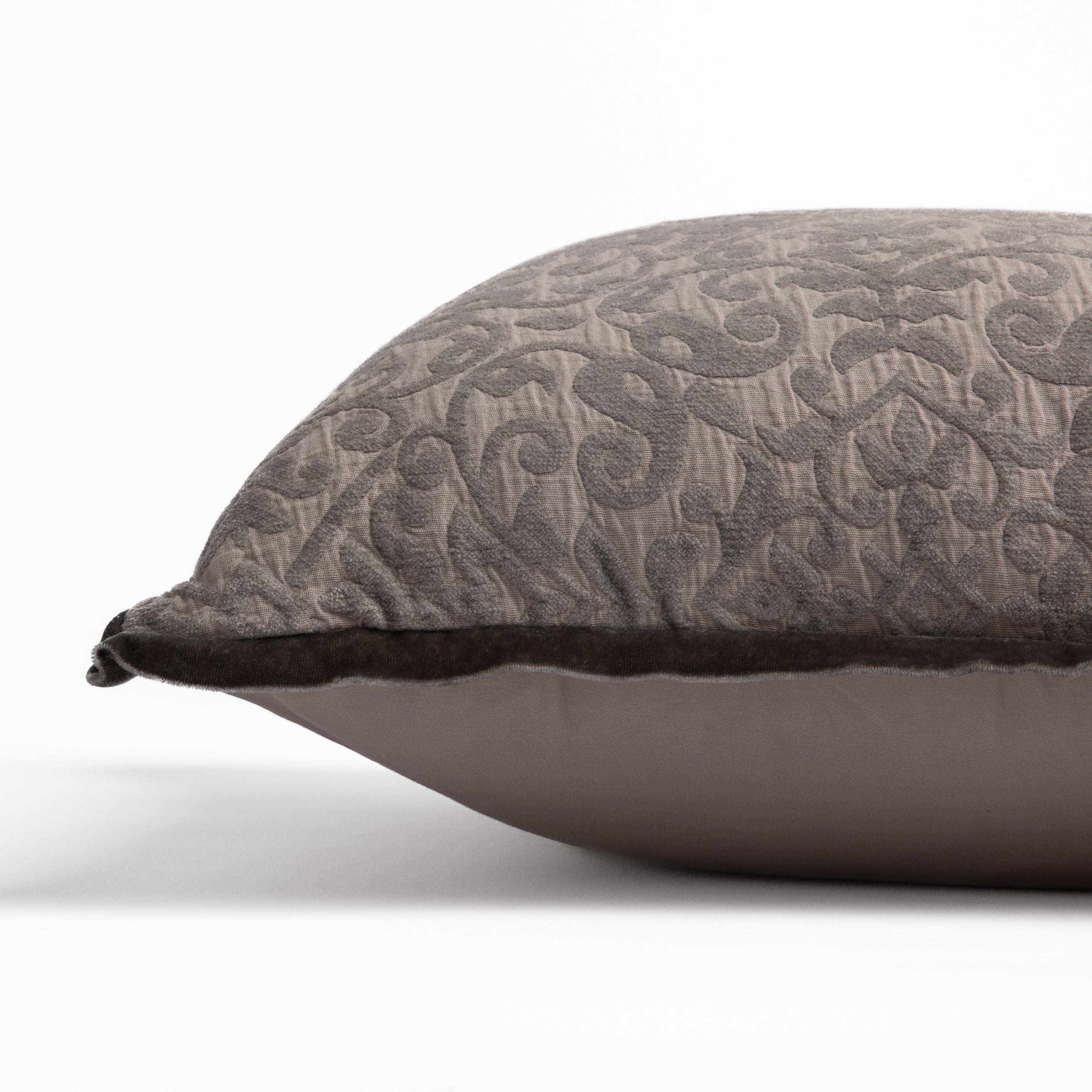 Fog: side view of 18x18 pillow shows cotton sateen back and silk velvet trim detail β close up against a white background.