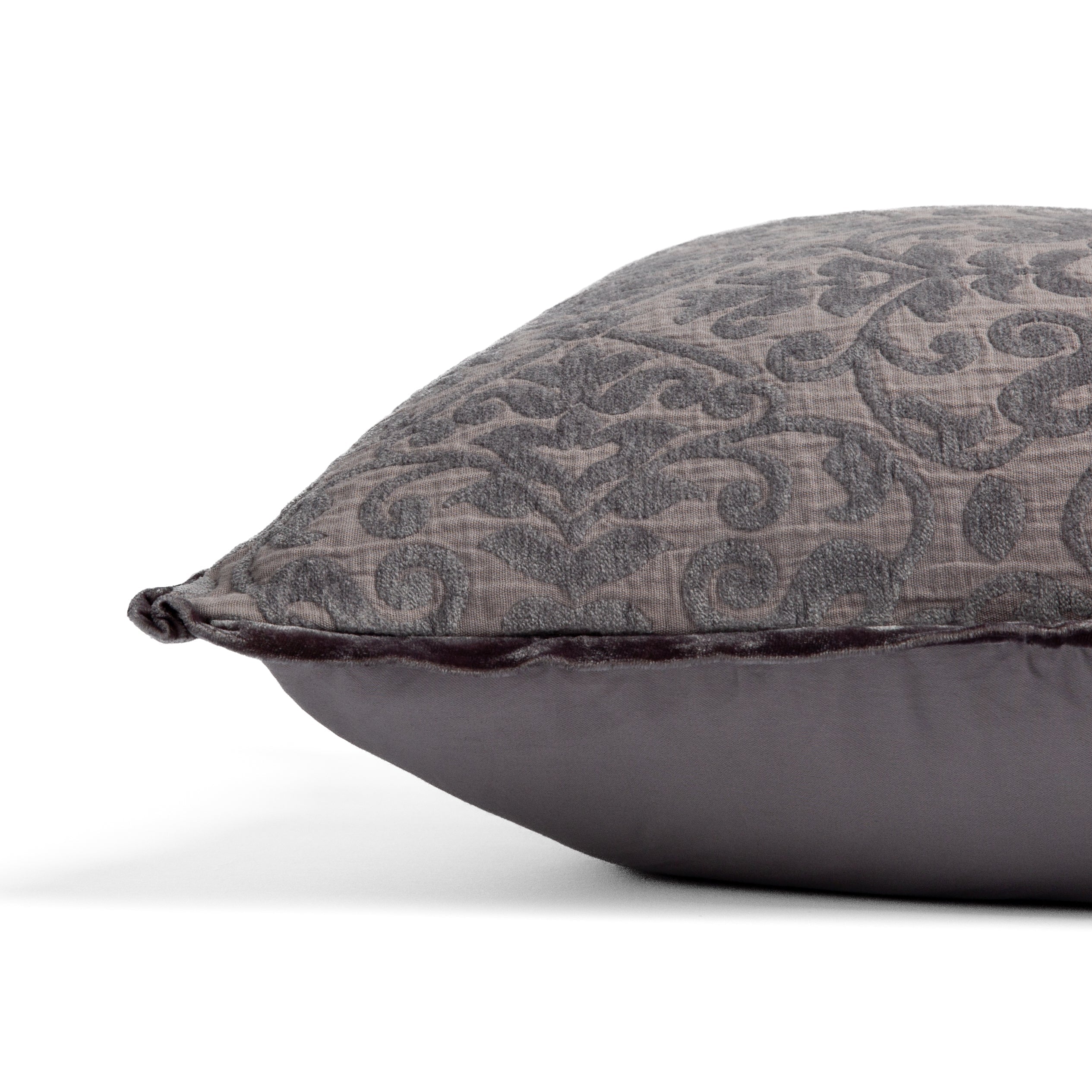 Moonlight: side view of 18x18 pillow shows cotton sateen back and silk velvet trim detail β close up against a white background.