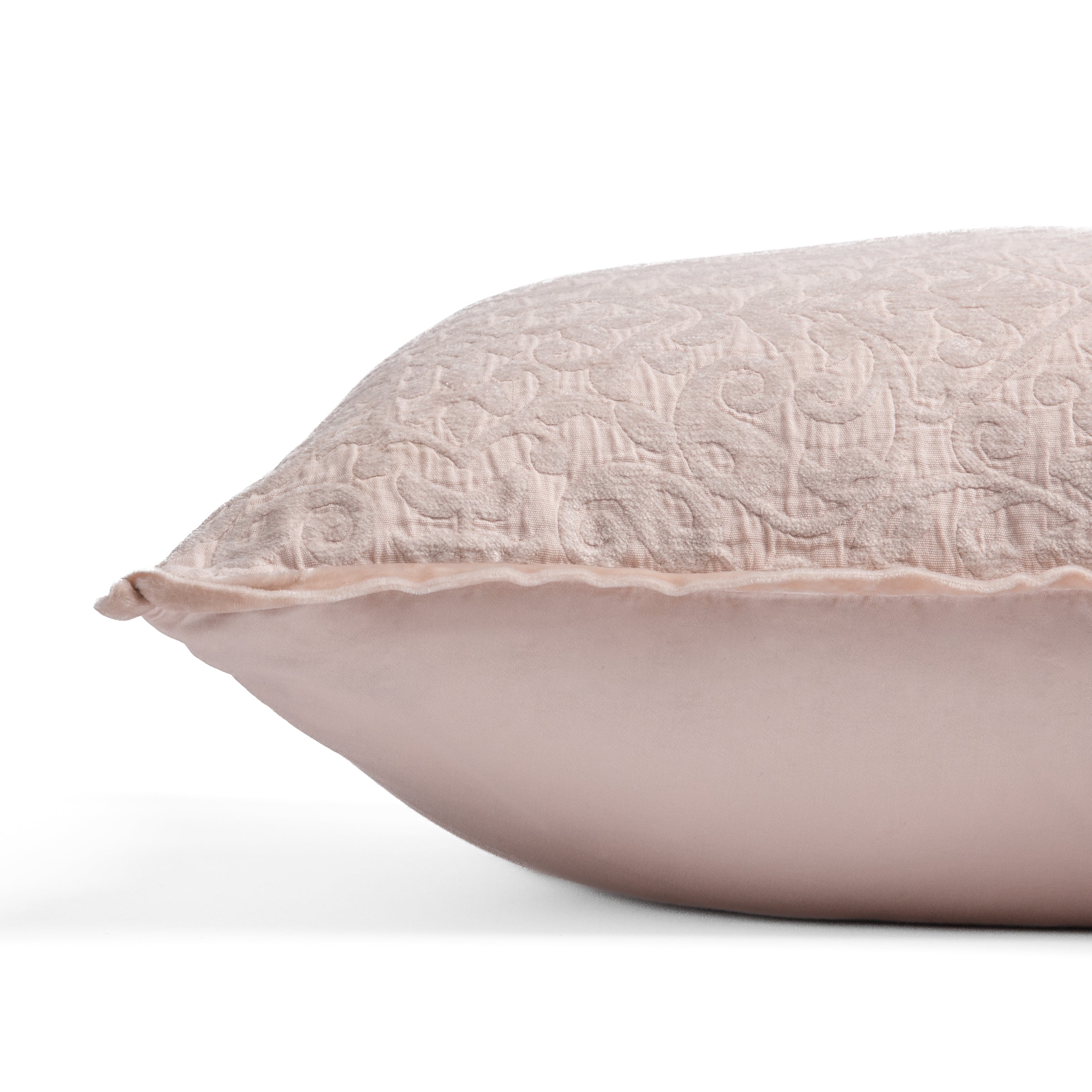Pearl: side view of 18x18 pillow shows cotton sateen back and silk velvet trim detail β close up against a white background.