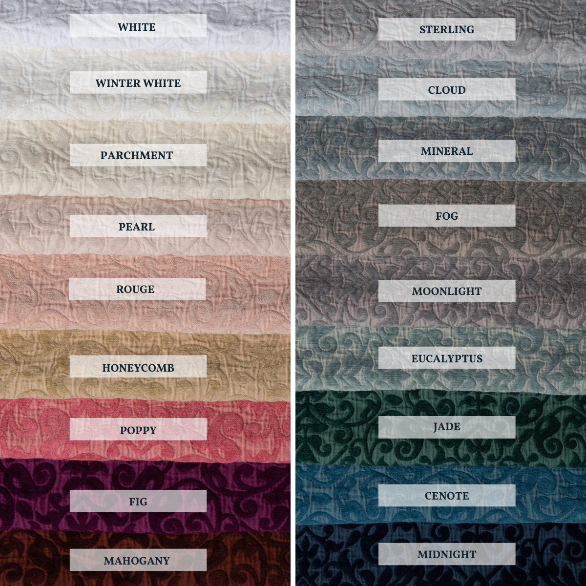 : A close up of Vienna cotton chenille jacquard, shown in each of our 18 colorways, stacked to demonstrate our palette.