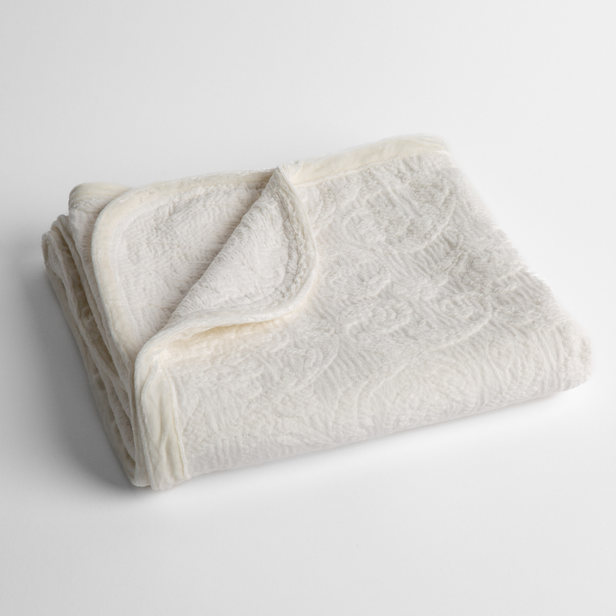 Winter White: a folded blanket with the corner turned down to show the trim against a white background, shot from an overhead angle. 
