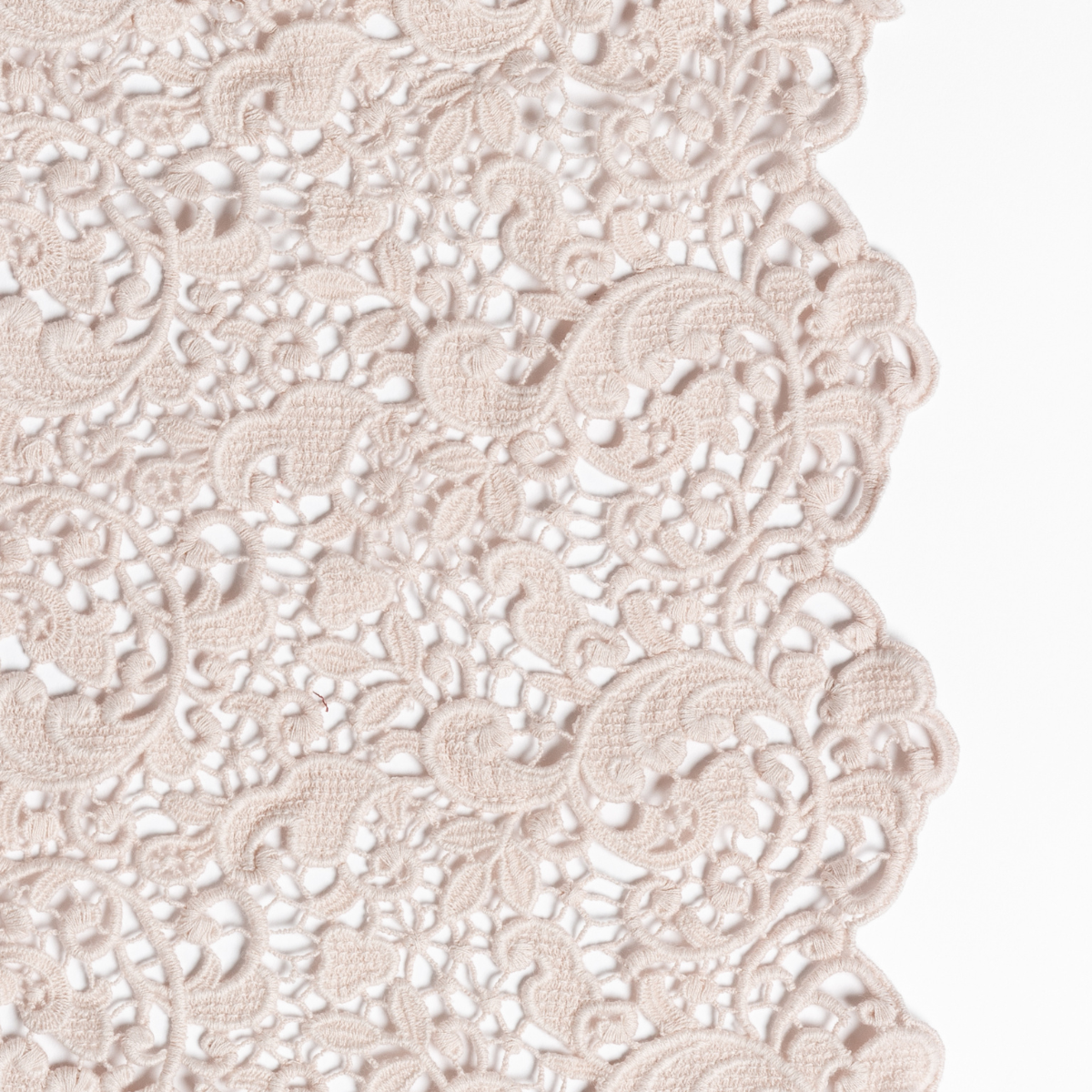 Pearl: a close up of cotton all-over lace with a scalloped edge.