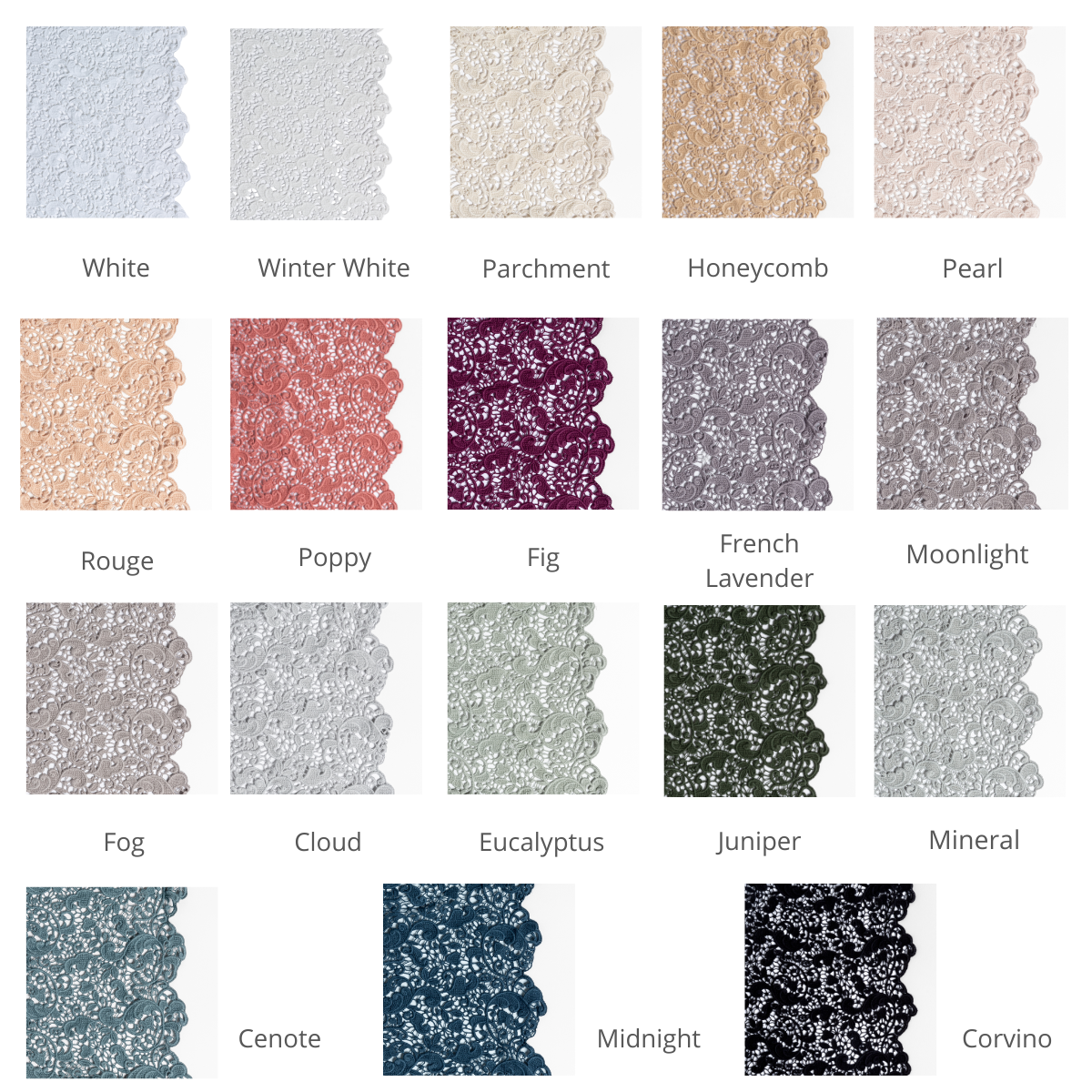 : a grid showing cotton lace in the current colorway palette.
