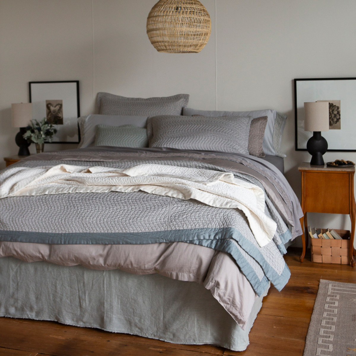 [allvariants]: king sized bed dressed in cotton sateen, quilted and unquilted - cool and neutral tones on the bed with warm room accents.