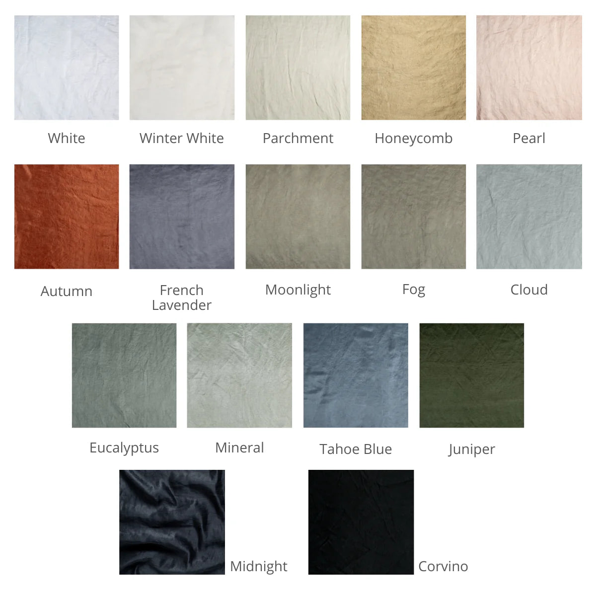 : Close-up of silk charmeuse, shown in our Fall 2024 colorways, in a grid format to demonstrate our palette.