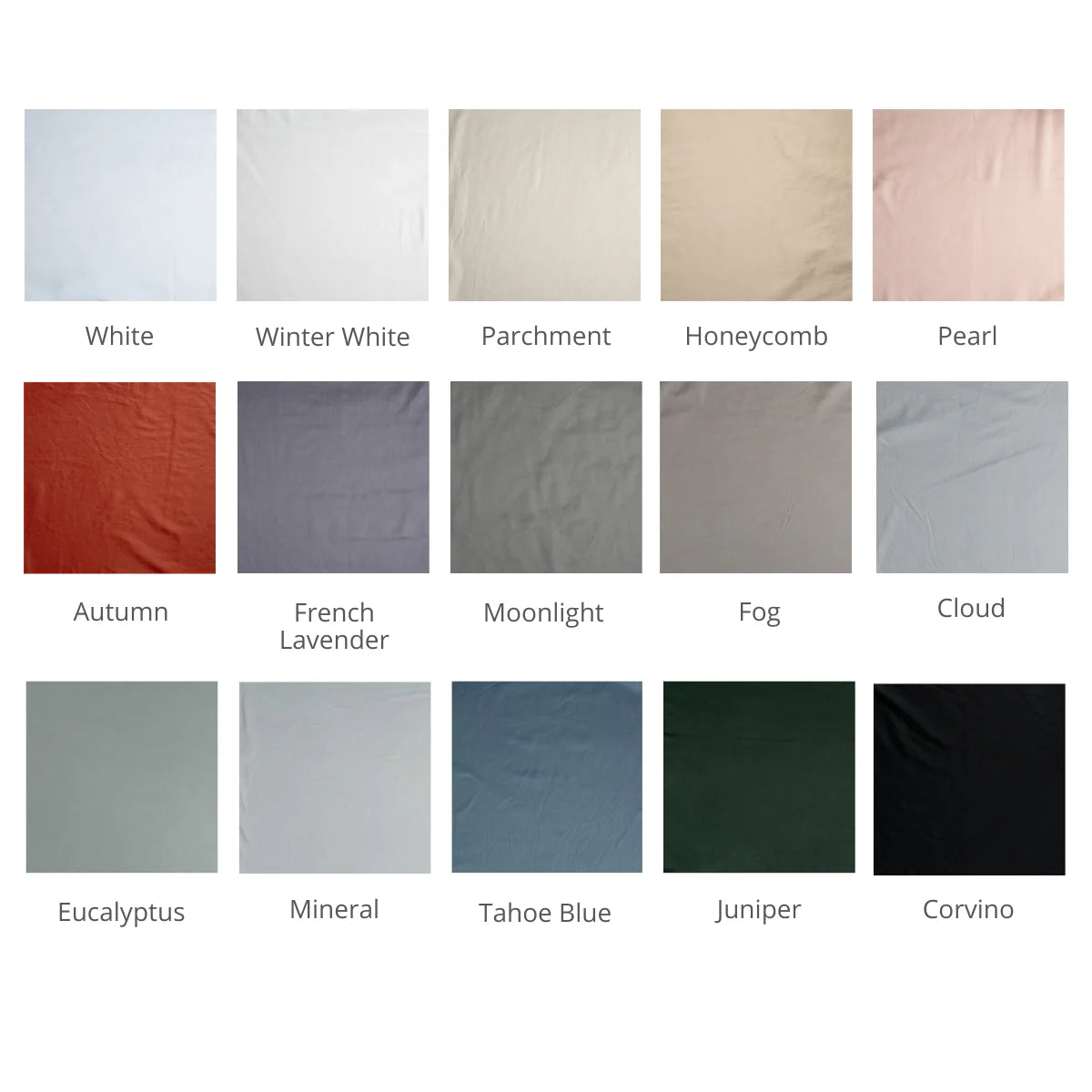 : A close up of Tencel™ fabric, shown in our Fall 2024 colorways, in  a grid format to demonstrate our palette.