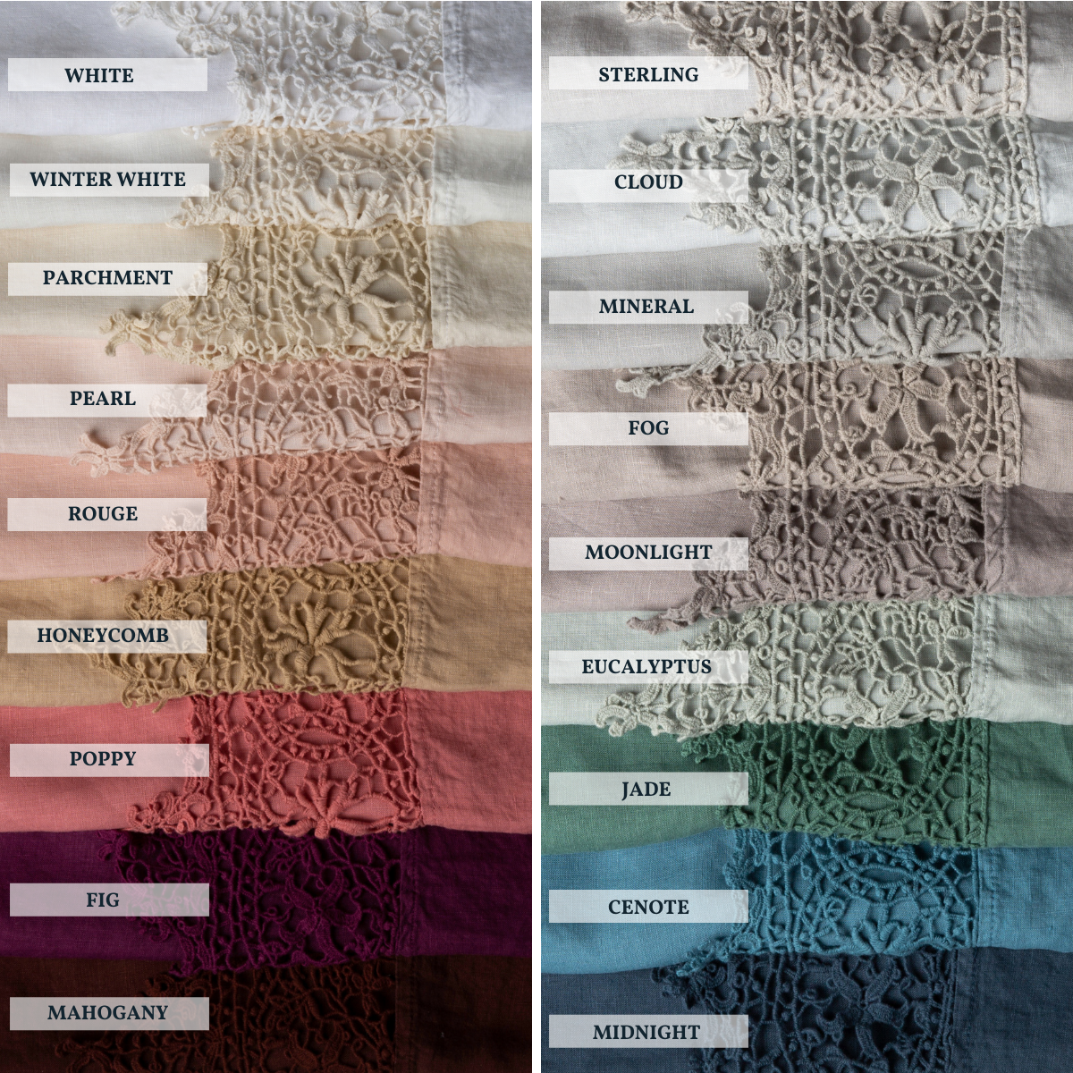 : A close up of Frida lace, shown with linen in each of our 18 colorways, stacked to demonstrate our palette.